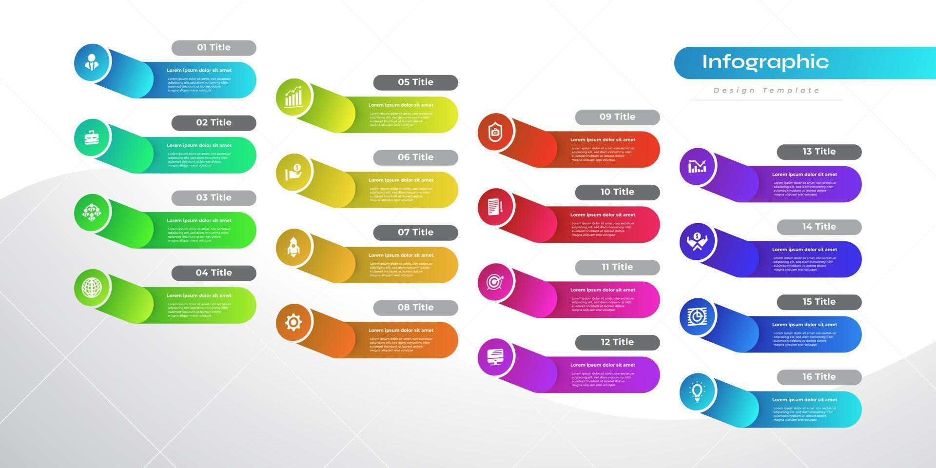 modern infographic ontwerp sjabloon met 16 opties of stappen. kan worden gebruikt voor presentatie, workflow lay-out, diagram, of jaar- rapport. tijdlijn diagram presentatie ontwerp vector