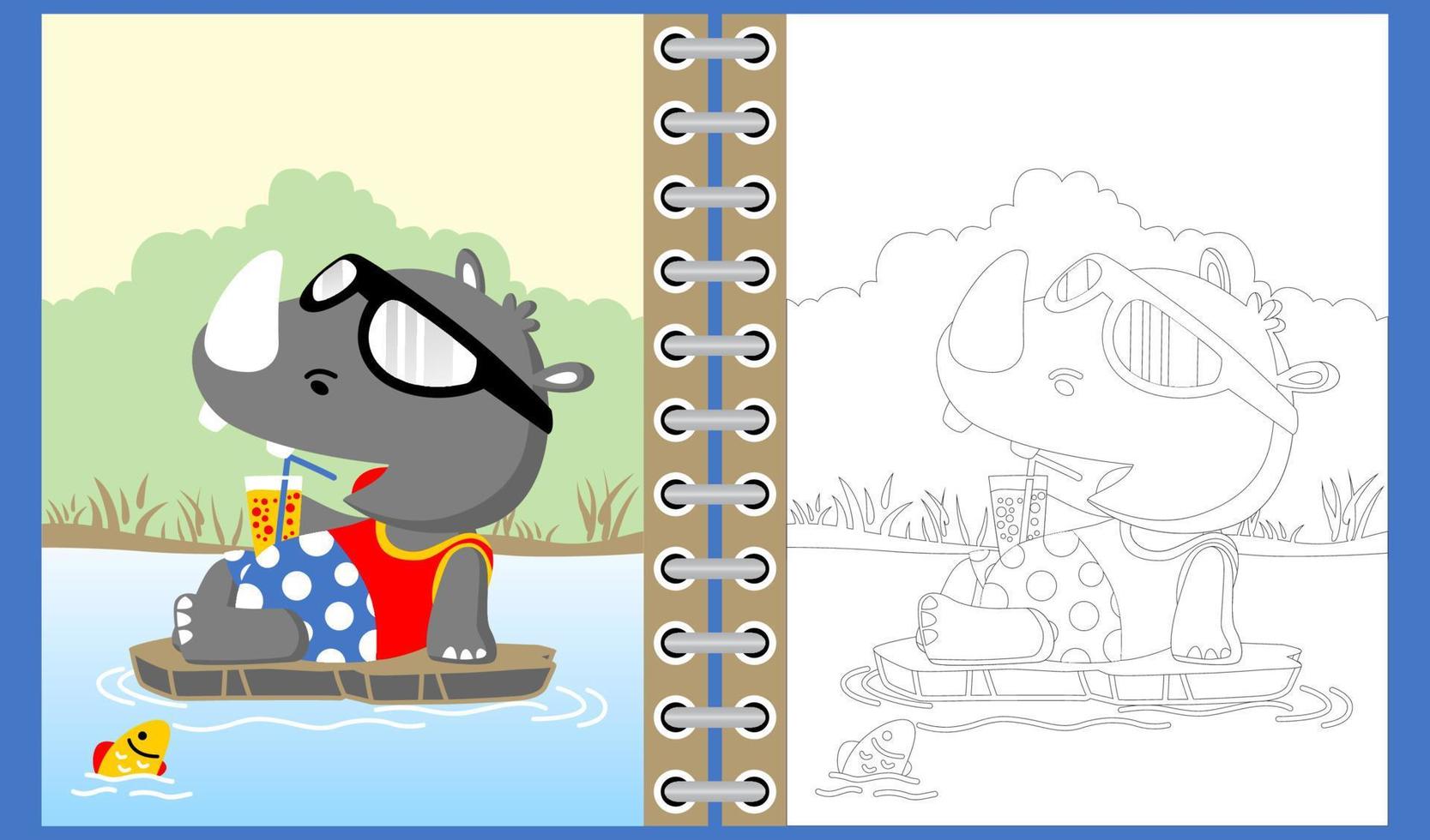 schattig neushoorn tekenfilm Holding zacht drinken ontspannende in de moeras met weinig vis, kleur boek of bladzijde vector