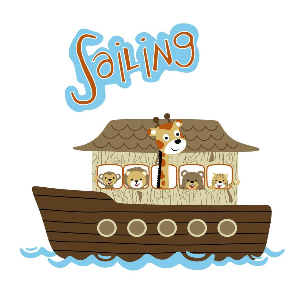 groep van dieren Aan houten ark, vector tekenfilm illustratie