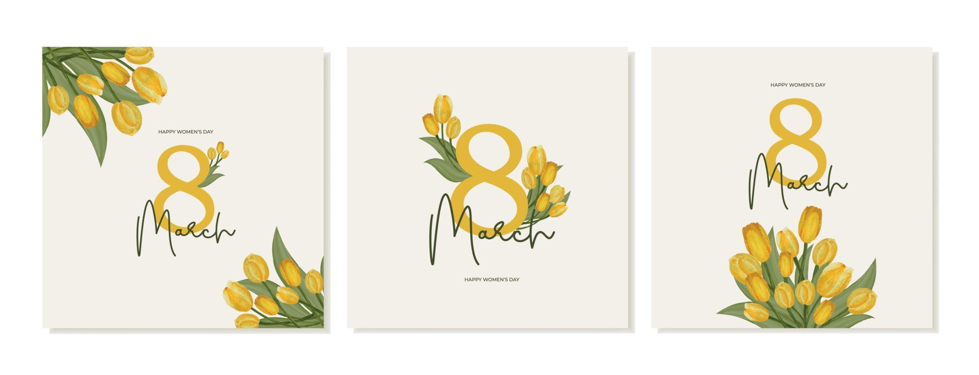 reeks van plein posters voor Internationale vrouwen dag met geel waterverf tulpen. vector