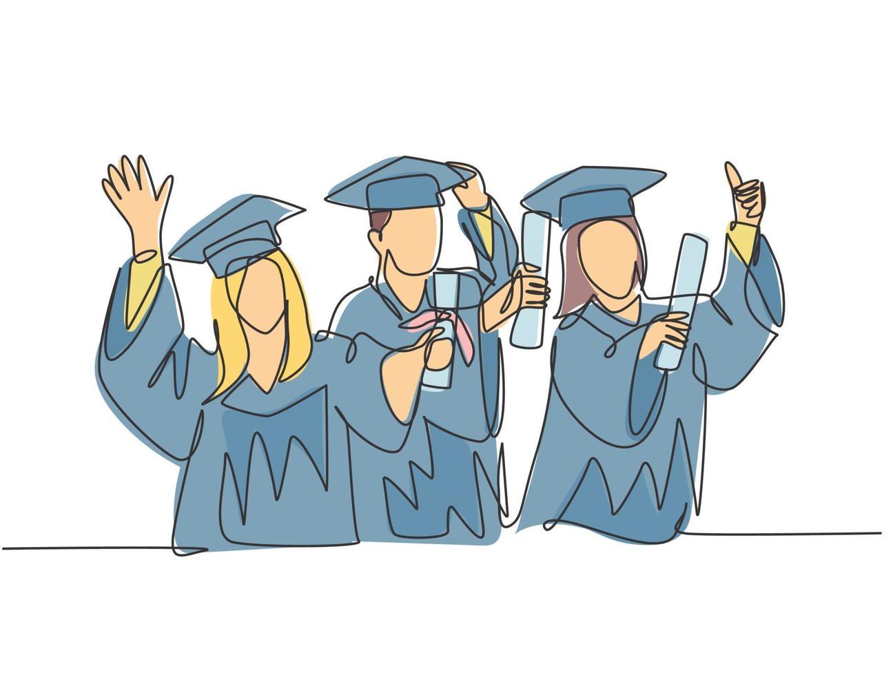 een lijntekening groep jonge, gelukkige afgestudeerde mannelijke en vrouwelijke studenten die een toga dragen en een diplomacertificaatpapier vasthouden. onderwijs concept doorlopende lijn tekenen ontwerp vectorillustratie vector