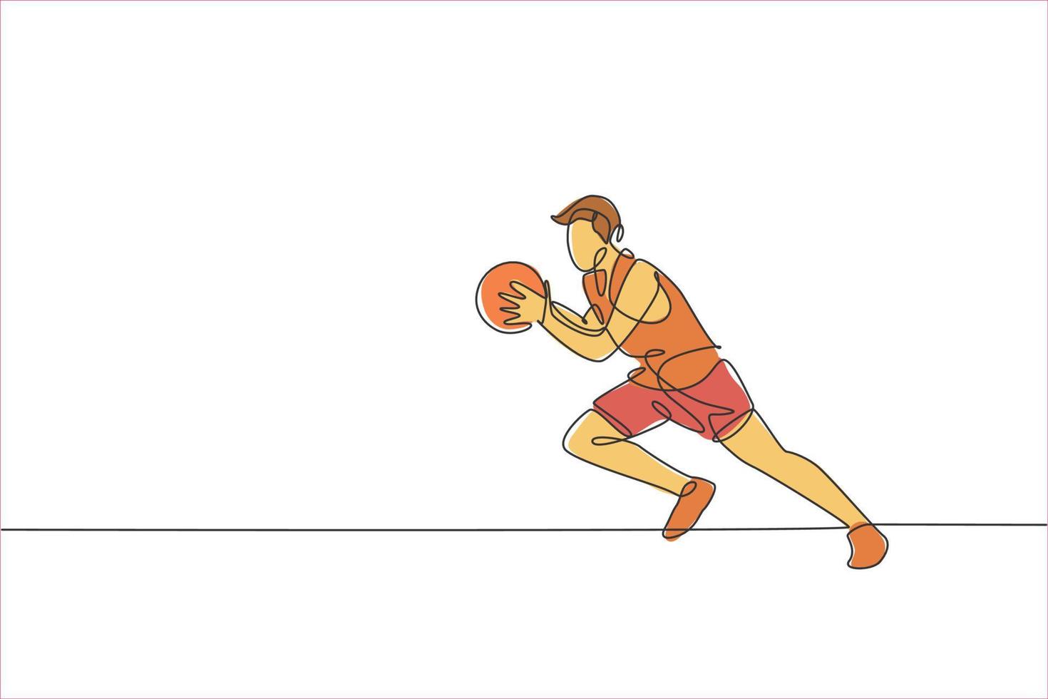 enkele doorlopende lijntekening van jonge gezonde mannelijke basketbalspeler die loopt. competitief sportconcept. trendy één lijn tekenen ontwerp vectorillustratie voor basketbal toernooi promotie media vector