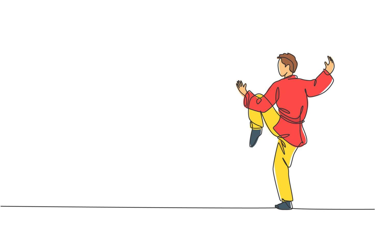 een enkele lijntekening jonge man op kimono uitoefening wushu en kung fu houding evenwicht techniek op sportschool centrum vector afbeelding afbeelding. vechtsport concept. modern ononderbroken lijntekeningontwerp