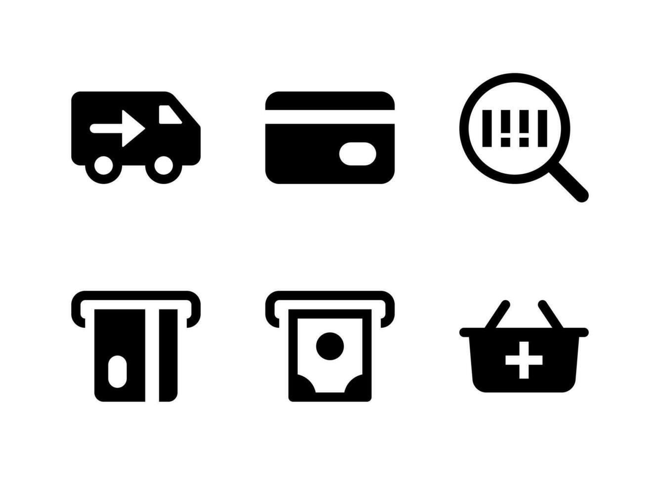 eenvoudige set van e-commerce gerelateerde vector solide pictogrammen. bevat pictogrammen als vrachtwagen, kaarttegoed, zoeken, intrekken en meer.