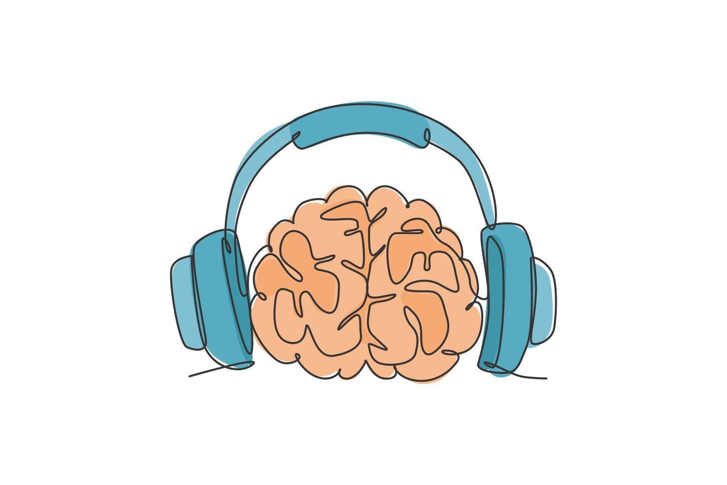enkele doorlopende lijntekening van het menselijk brein dat muziek luistert, beat voor muzikaal bedrijfslogolabel. slimme audio dj logo pictogram concept. moderne één lijn tekenen grafisch ontwerp vectorillustratie vector