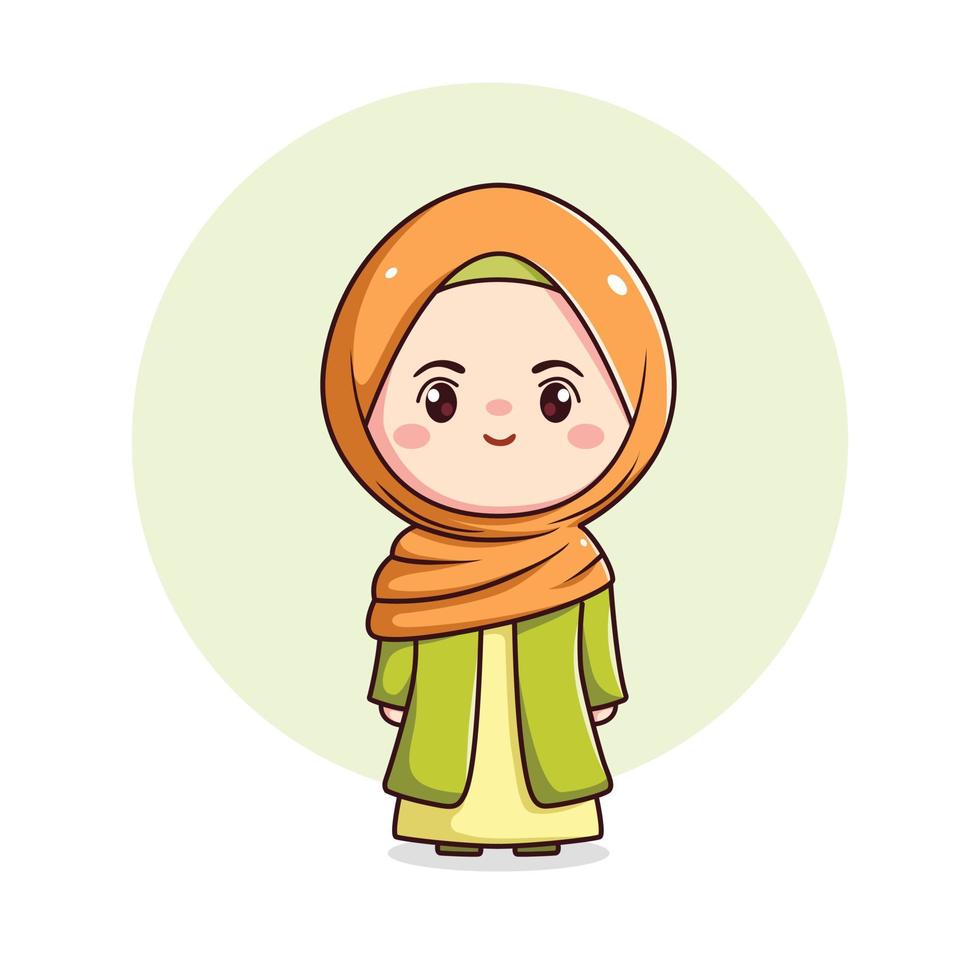 schattig hijab meisje met groen jurk chibi moslim karakter vector