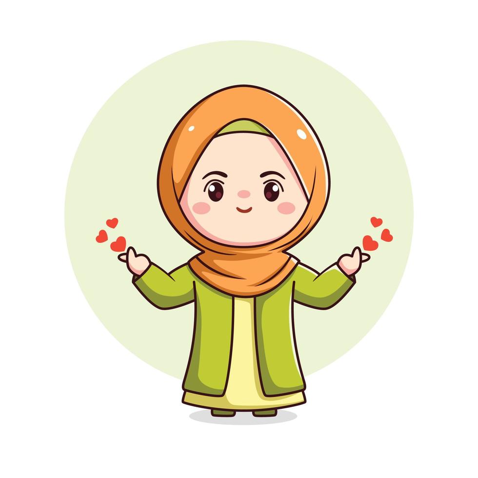 schattig hijab meisje met liefde teken chibi kawaii vector
