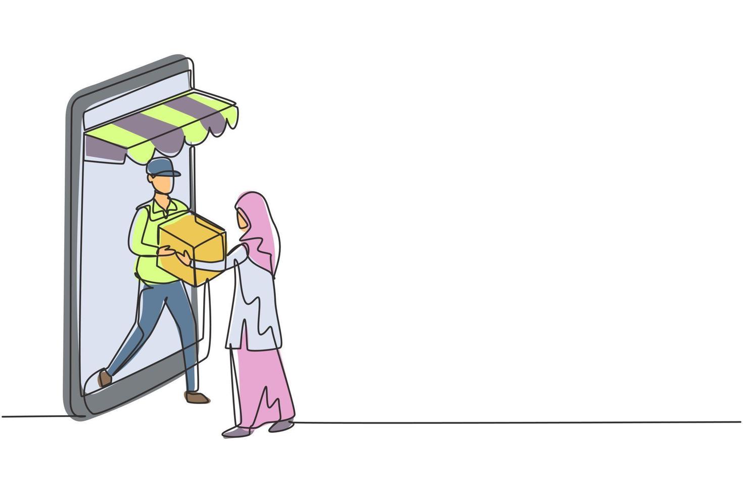 single een lijn tekening mannetje koerier komt uit van reusachtig smartphone scherm met luifel en geeft pakket doos naar hijab vrouw klant. modern doorlopend lijn trek ontwerp grafisch vector illustratie