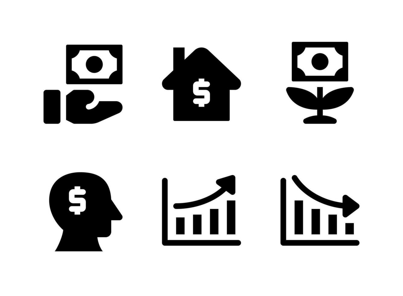 eenvoudige set van investeringen gerelateerde vector solide pictogrammen. bevat pictogrammen als geld, huis, groei, geest en meer.