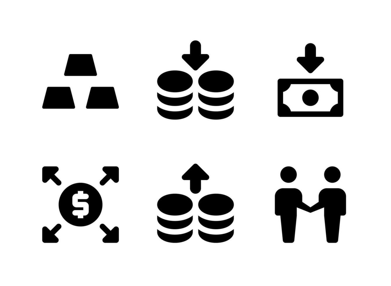 eenvoudige set van investeringen gerelateerde vector solide pictogrammen. bevat pictogrammen als goudstaven, munten, sparen, distribueren en meer.