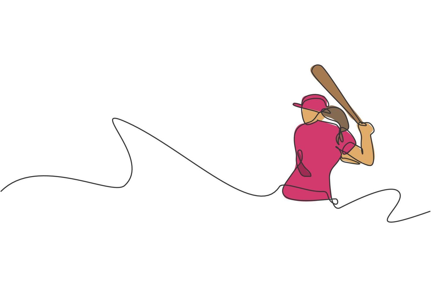 enkele doorlopende lijntekening jonge behendige vrouw honkbalspeler oefenen om de bal te raken. sport oefening concept. trendy één lijn tekenen ontwerp grafische vectorillustratie voor honkbal promotie media vector