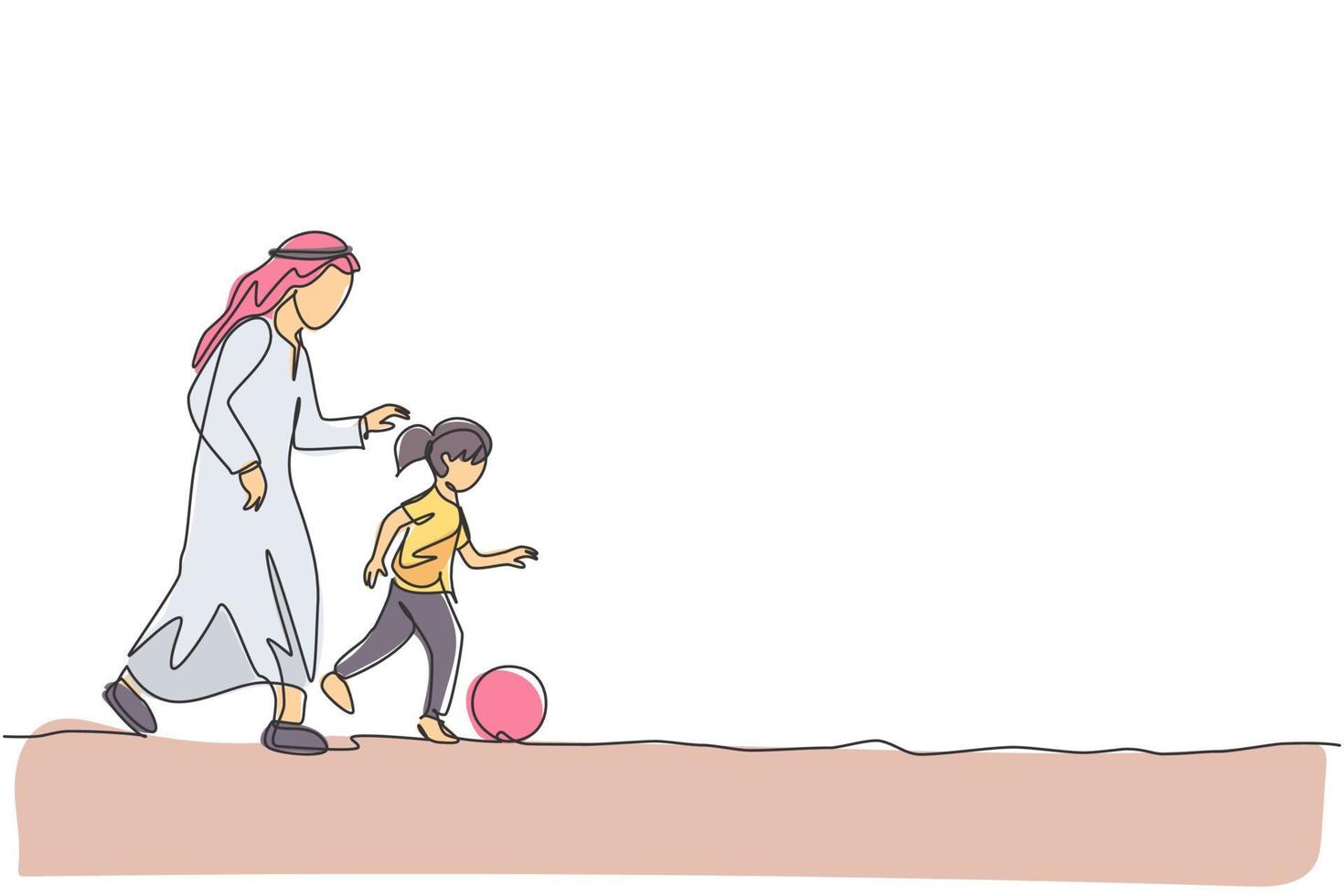 een enkele lijntekening van een jonge Arabische vader die voetbal speelt met zijn dochtermeisje op de vectorillustratie van het veldpark. gelukkig islamitisch moslim familie ouderschap concept. modern ononderbroken lijntekeningontwerp vector