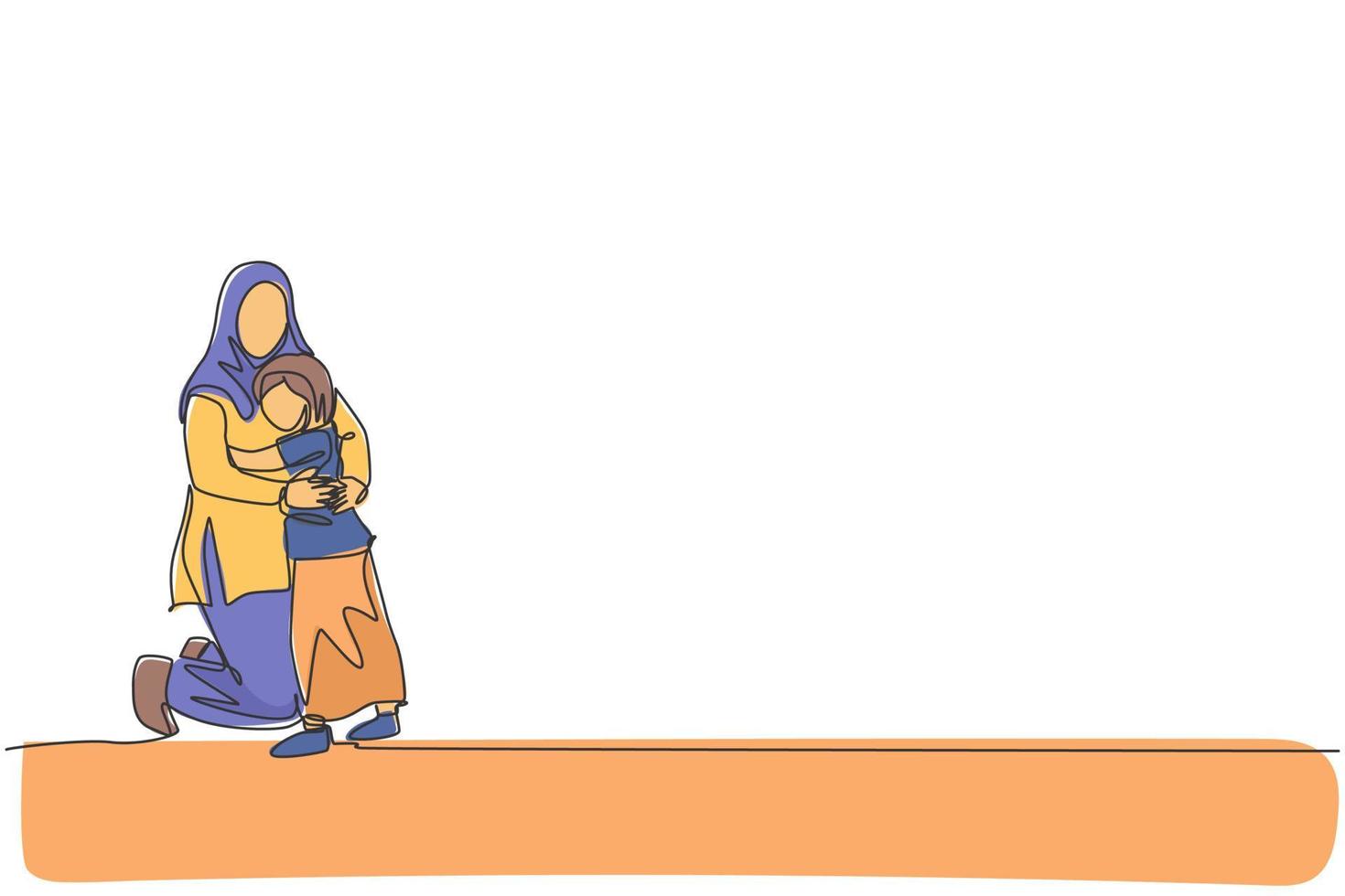 een doorlopende lijntekening van een jonge islamitische moeder die een dochtermeisje knuffelt vol liefde en warmte. arabische moslim gelukkige familie ouderschap concept. dynamische enkele lijn tekenen ontwerp vectorillustratie vector