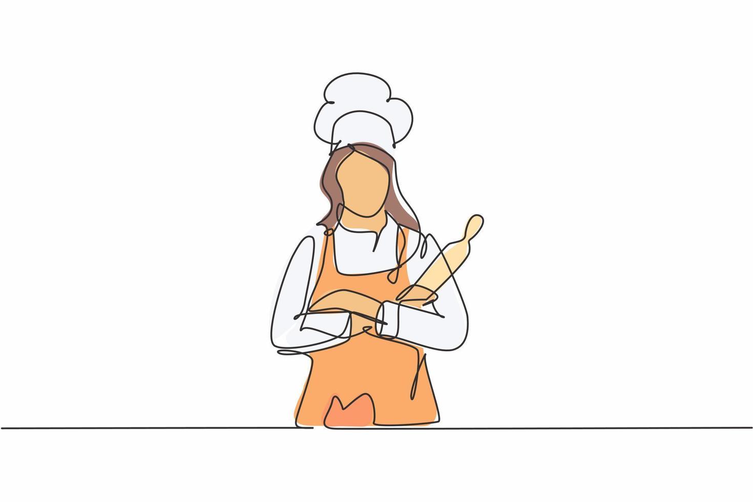 continu een lijntekening van jonge, aantrekkelijke vrouwelijke chef-kok die houten deegroller vasthoudt terwijl de arm op de borst wordt gekruist. service uitstekend concept enkele lijn tekenen grafisch ontwerp vectorillustratie vector