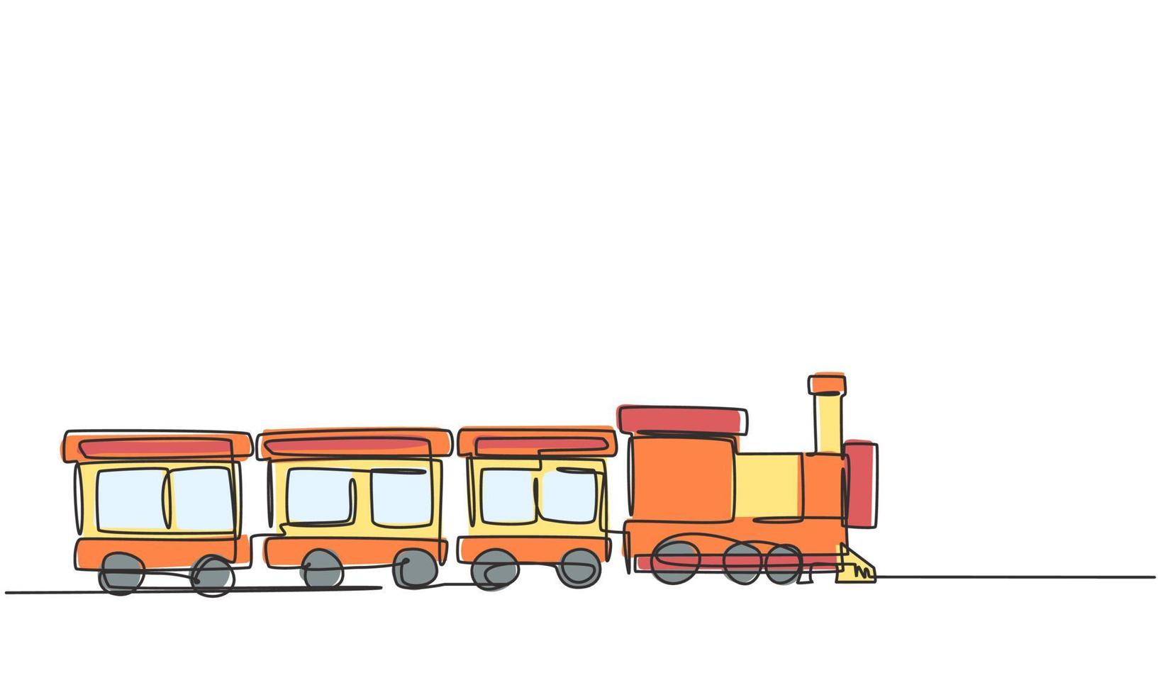 enkele lijntekening van een treinlocomotief met drie rijtuigen in de vorm van een rondzwervend stoomsysteem in een pretpark om passagiers te vervoeren. een lijn tekenen ontwerp grafische vectorillustratie. vector