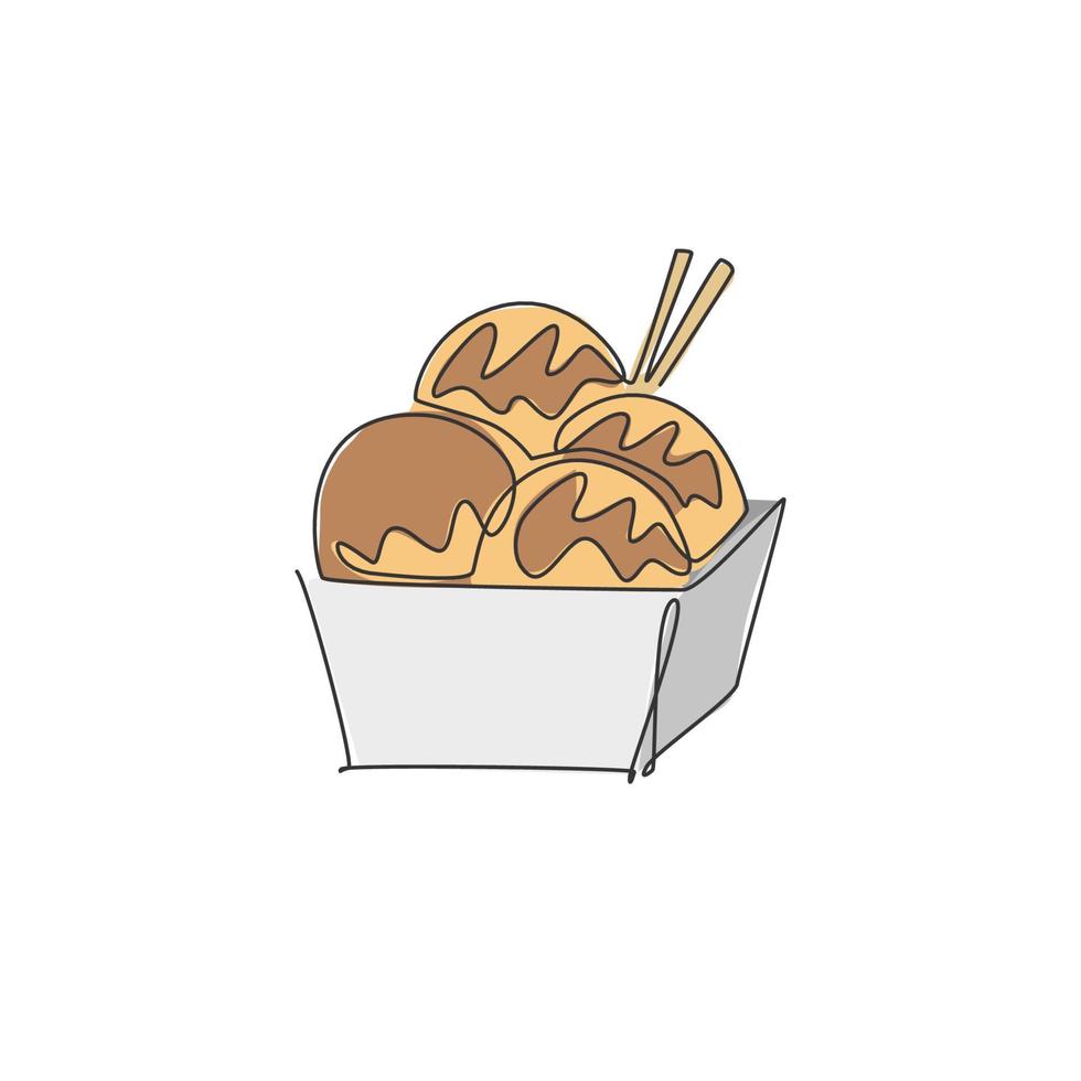 enkele doorlopende lijntekening van gestileerd Japans takoyaki-ballogolabel. embleem visrestaurant concept. moderne één lijntekening ontwerp vectorillustratie voor café, winkel of voedselbezorgservice vector