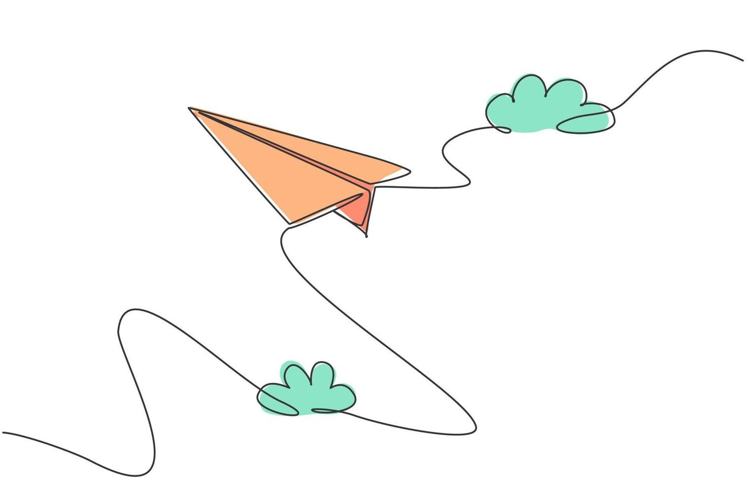 één lijntekening van papieren vliegtuigje dat hoog in de lucht vliegt op een witte achtergrond. creatief origami speelgoedconcept. moderne doorlopende lijn tekenen ontwerp grafische vectorillustratie vector