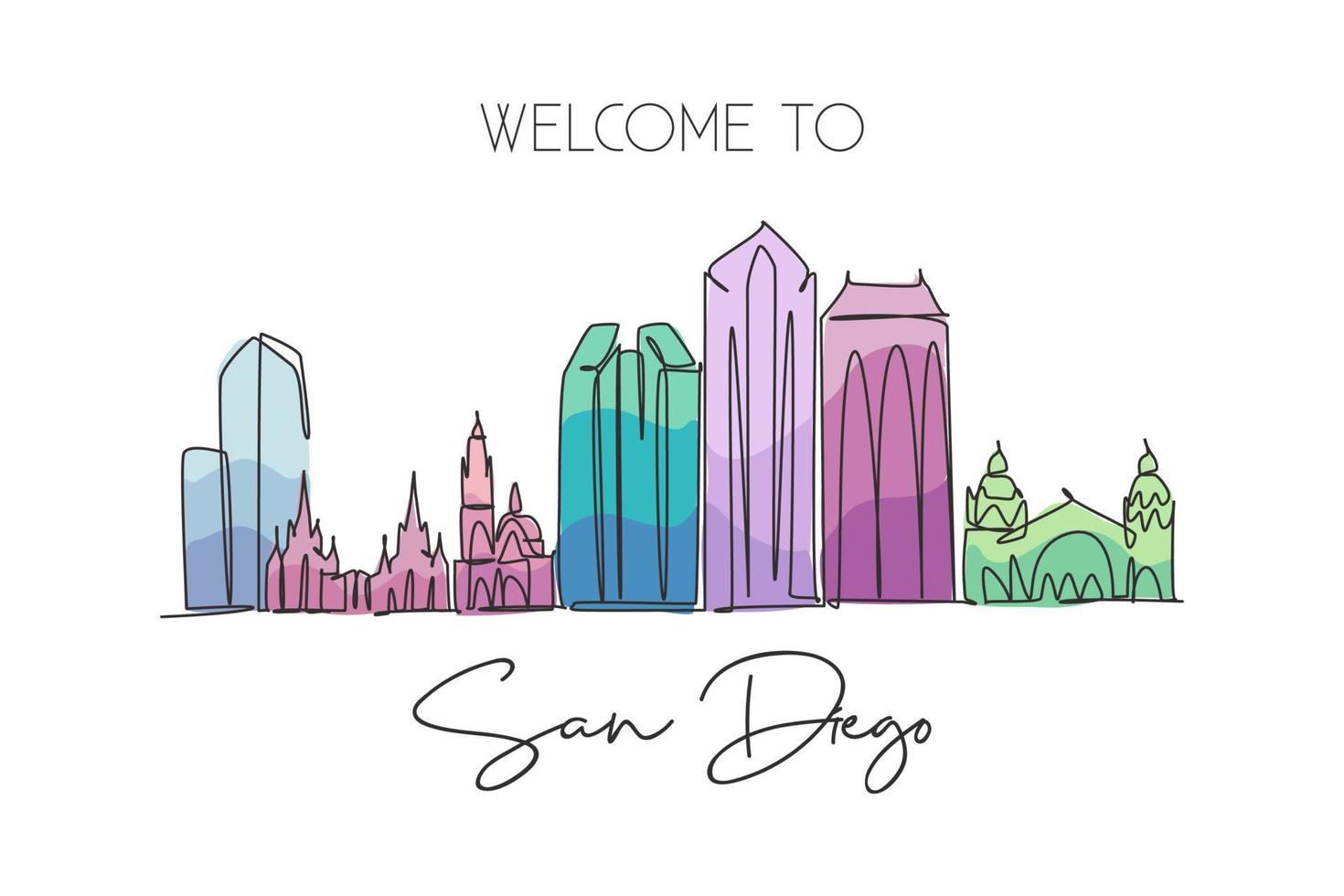 enkele doorlopende lijntekening van de skyline van de stad van san diego, usa. beroemde stadskrabber en landschap. wereld reizen concept home muur decor poster print kunst. moderne één lijn tekenen ontwerp vectorillustratie vector