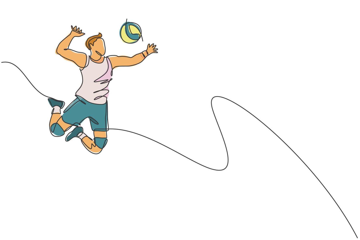 een single lijn tekening van jong mannetje professioneel volleybal speler oefenen jumping piek Aan rechtbank vector illustratie. team sport concept. toernooi evenement. modern doorlopend lijn trek ontwerp