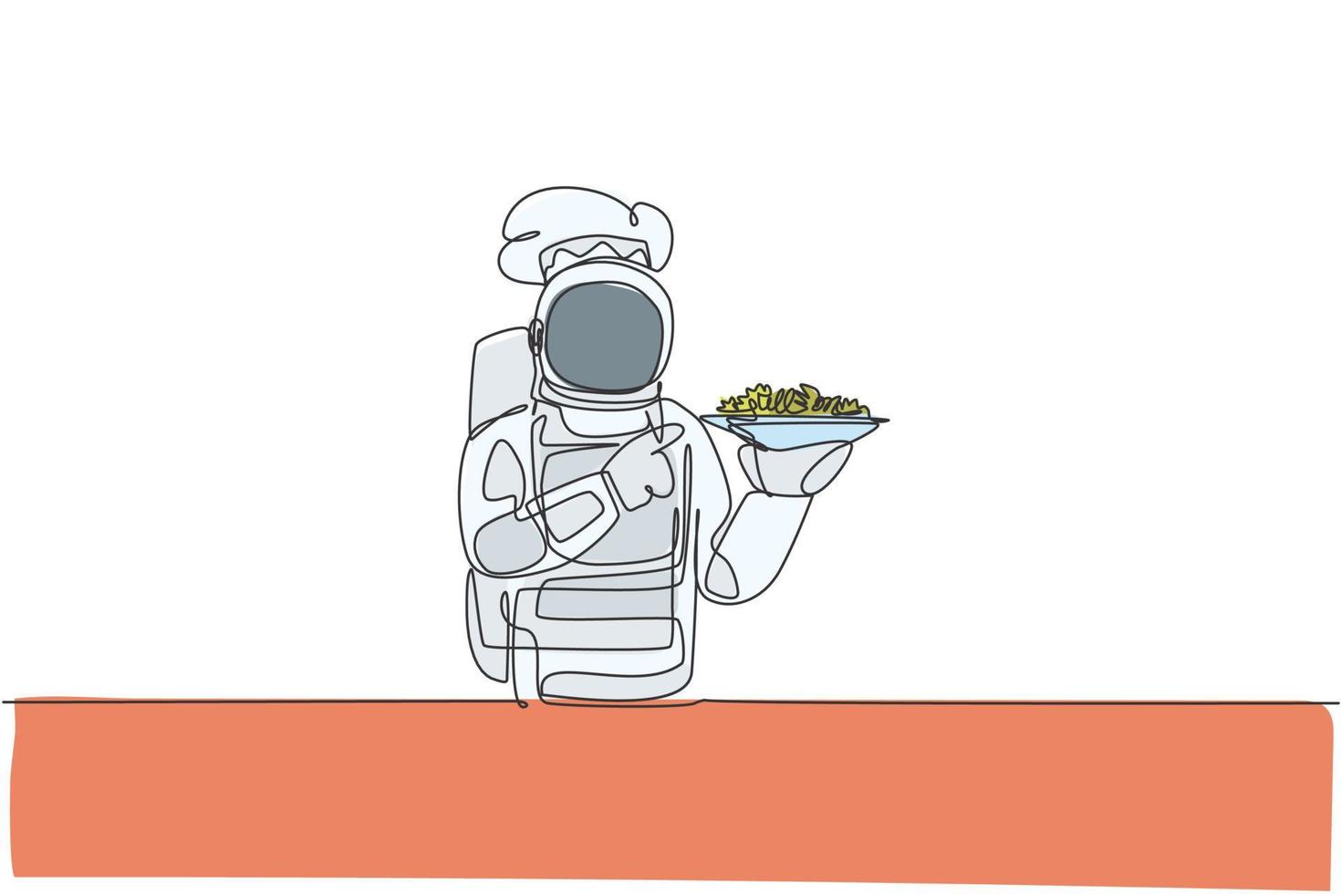 een enkele lijntekening van een jonge astronautenchef die gezonde saladegerechten serveert voor café resto vector grafische illustratie. heerlijk ruimtemelkwegschotelconcept. modern ononderbroken lijntekeningontwerp