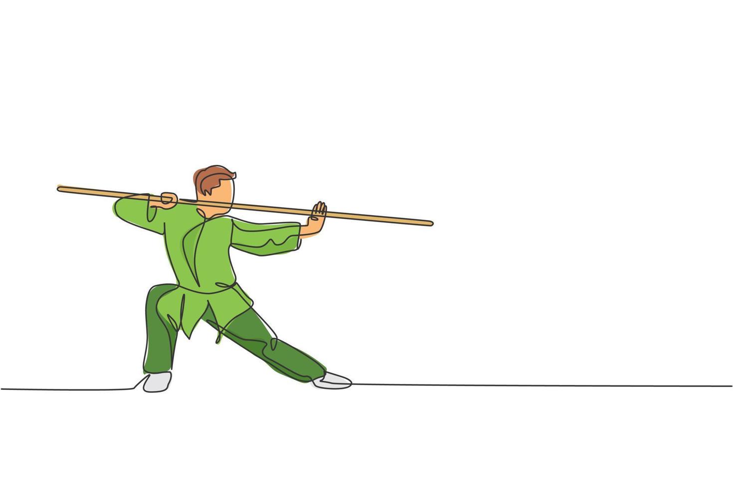 een doorlopende lijntekening van een jonge wushu-meester, kungfu-krijger in kimono met lange staf op training. vechtsport sport wedstrijd concept. dynamische enkele lijn tekenen ontwerp vectorillustratie vector