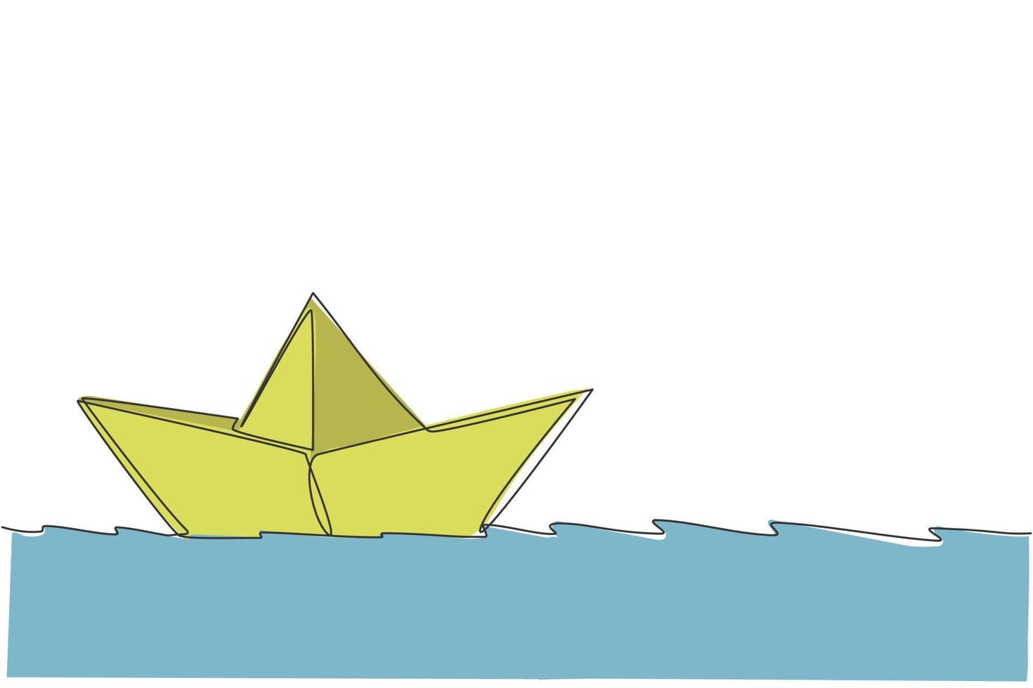 een doorlopende lijntekening van een papieren boot die op de waterrivier vaart. origami ambachtelijk concept. dynamische enkele lijn tekenen ontwerp vector grafische afbeelding