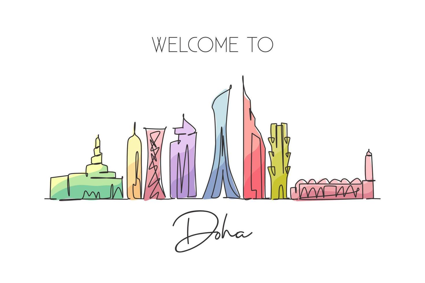 enkele doorlopende lijntekening van de skyline van de stad van doha, qatar. beroemde stad schraper en landschap huis muur decor poster print art. wereld reizen concept. moderne één lijn tekenen ontwerp vectorillustratie vector