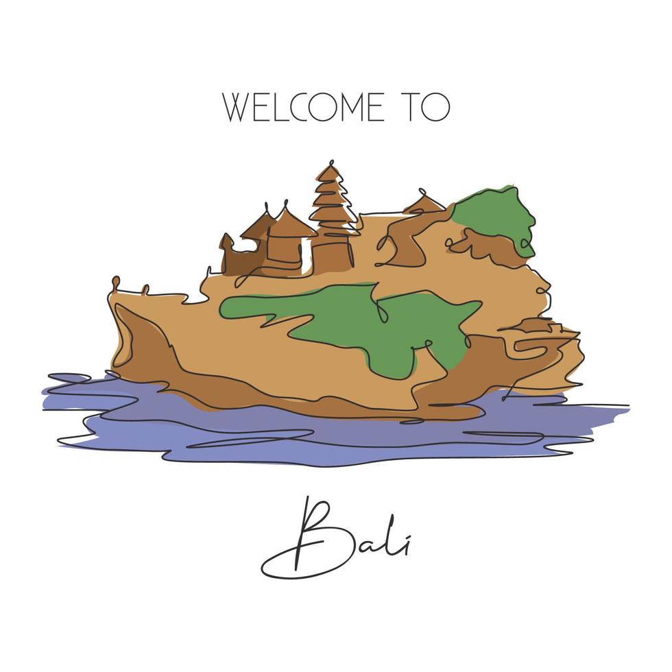 een enkele lijntekening van tanah veel landmark. wereldberoemde natuurlijke heuvel in bali, indonesië. toerisme reizen briefkaart home muur decor kunst concept. moderne doorlopende lijn tekenen ontwerp vectorillustratie vector