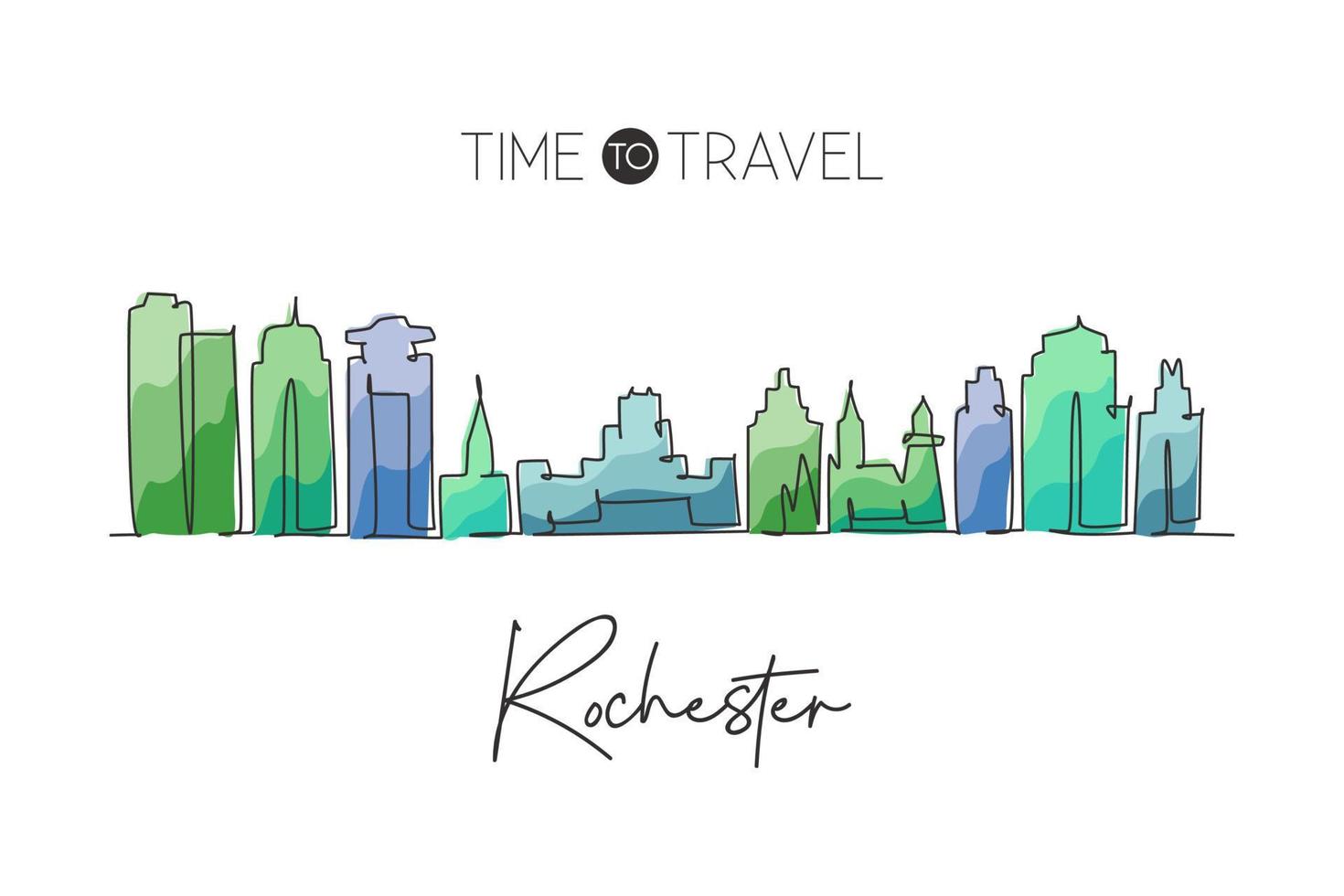 een enkele lijntekening rochester city skyline, minnesota. wereld historische stad landschap briefkaart. beste vakantiebestemming. bewerkbare lijn trendy doorlopende lijn tekenen ontwerp vectorillustratie vector