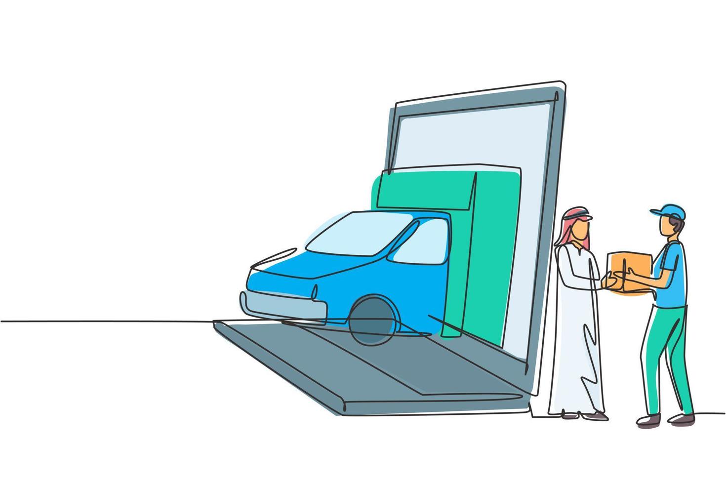 enkele doorlopende lijntekening bezorgdoosauto komt gedeeltelijk uit het laptopscherm en mannelijke koerier geeft pakketdoos aan Arabische mannelijke klant. dynamische één lijn trekken grafisch ontwerp vectorillustratie vector