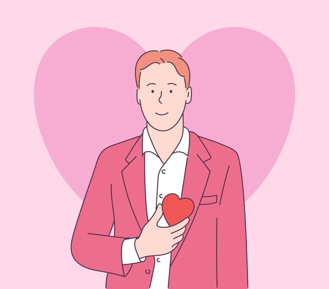 liefdesverhaal of Valentijnsdag concept. knappe grappige gelukkig man in jas en wit overhemd met rode grote hartvorm. moderne lijnstijl illustratie vector