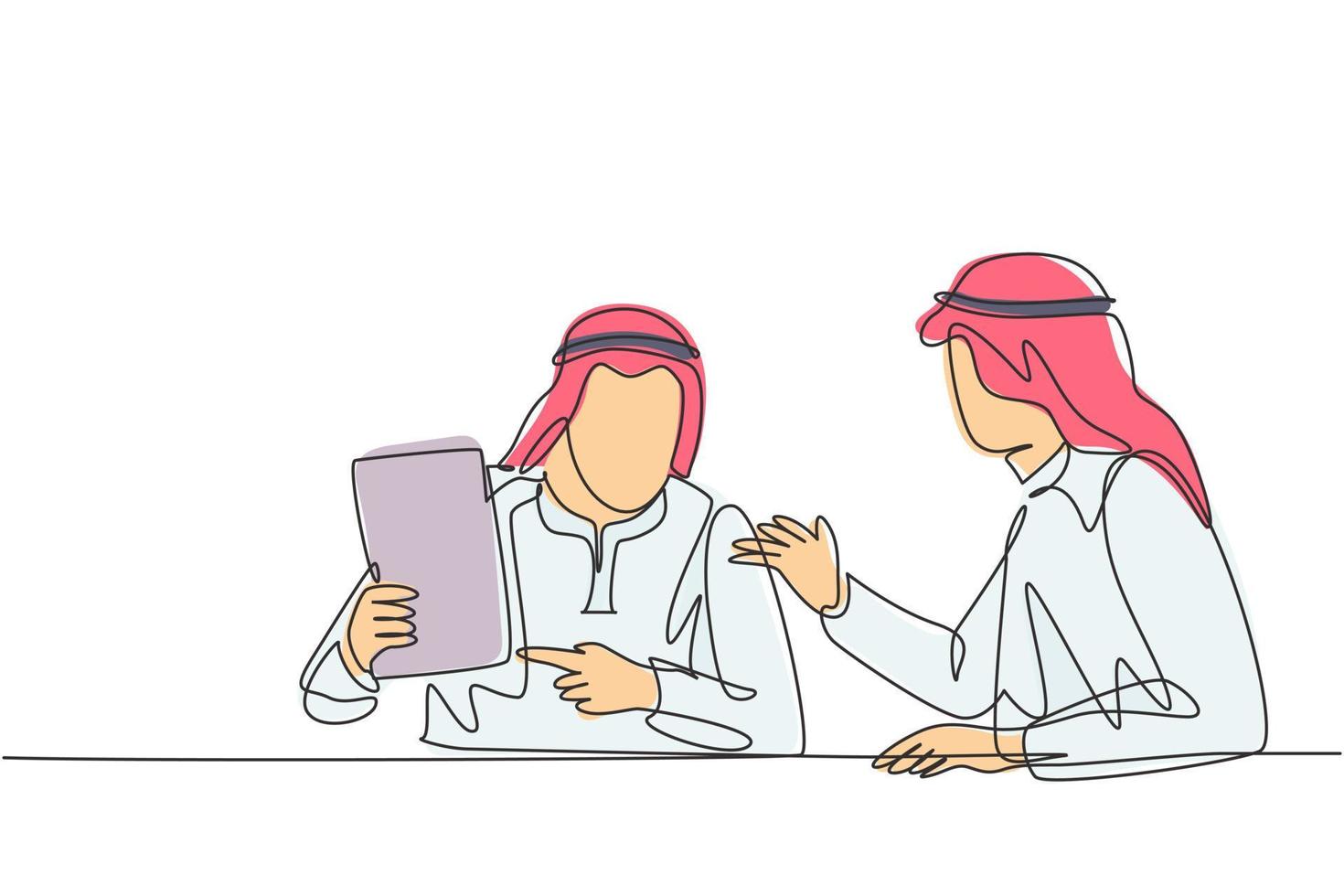 enkele doorlopende lijntekening van jonge moslimzakenmanager die nieuw bedrijfsbeleid bespreekt met partner. Arabische Midden-Oosten doek kandura, thawb, gewaad. één lijn tekenen ontwerp vectorillustratie vector