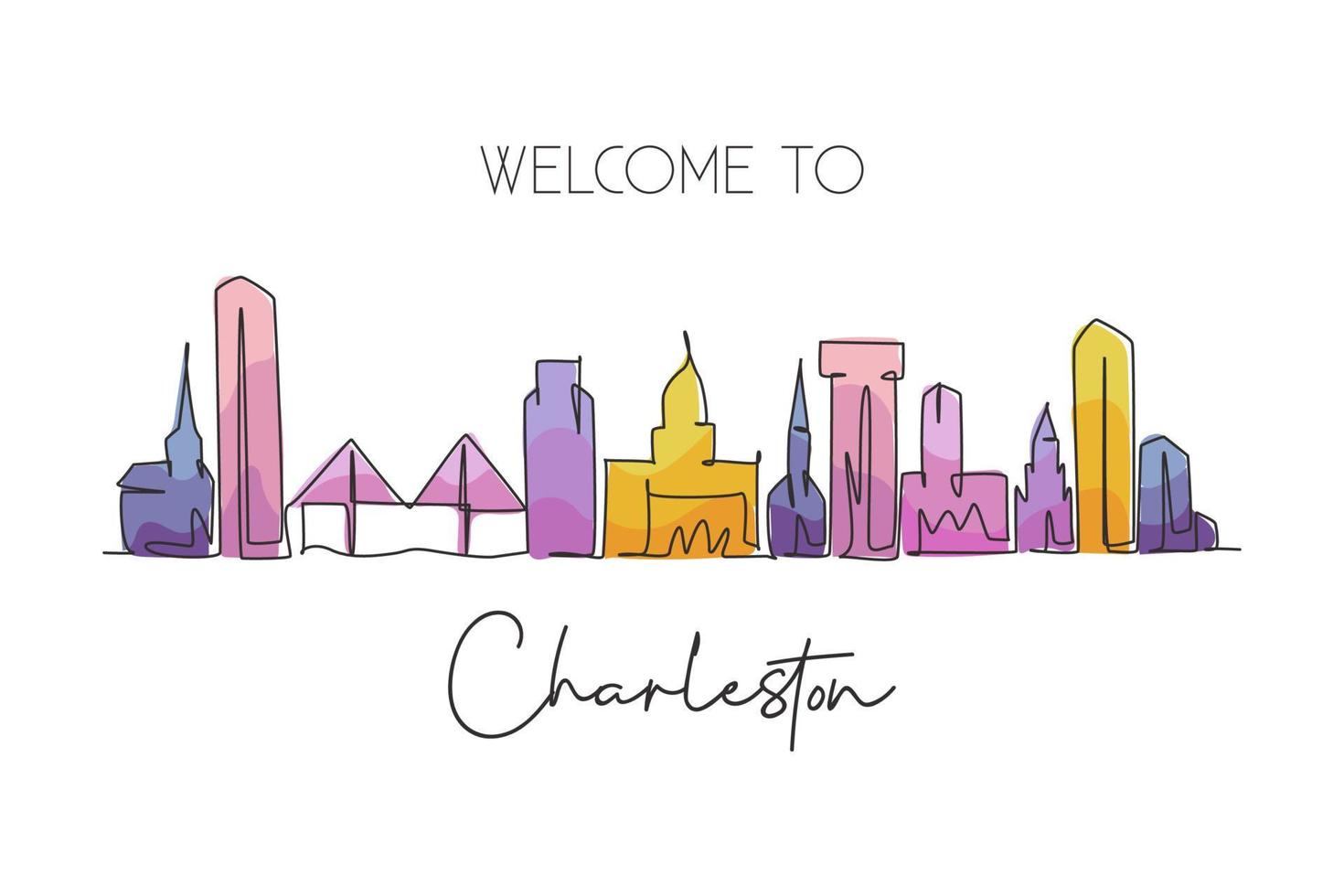 een enkele lijntekening charleston city skyline zuid carolina. wereld historisch stadslandschap. beste vakantiebestemming briefkaart. bewerkbare lijn trendy doorlopende lijn tekenen ontwerp vectorillustratie vector