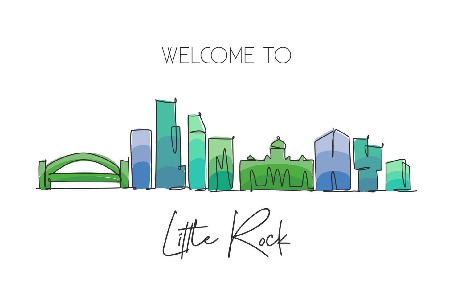 enkele doorlopende lijntekening van de skyline van de kleine rots, arkansas. beroemde stad schraper landschap. wereld reizen huis muur decor art poster print concept. moderne één lijn tekenen ontwerp vectorillustratie vector