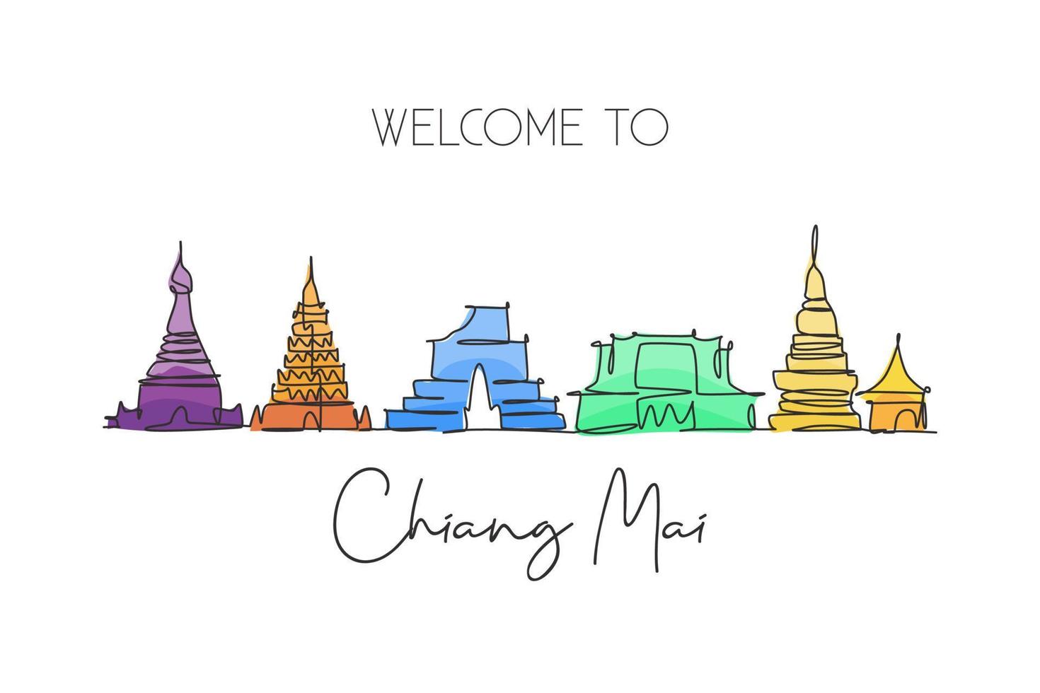 enkele doorlopende lijntekening van de skyline van de stad Chiang Mai, Thailand. beroemde stadslandschap. wereld reizen concept home muur decor poster print kunst. moderne één lijn tekenen ontwerp vectorillustratie vector