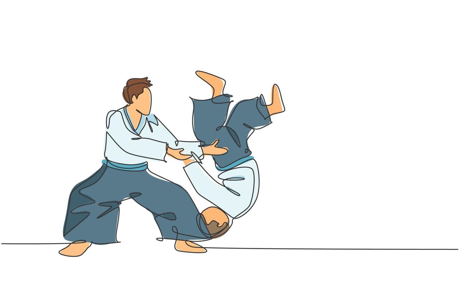 een doorlopende lijntekening van jonge mannen aikido-jager oefent vechttechniek in het dojo-trainingscentrum. vechtsport strijdbare sport concept. dynamische enkele lijn tekenen ontwerp vectorillustratie vector