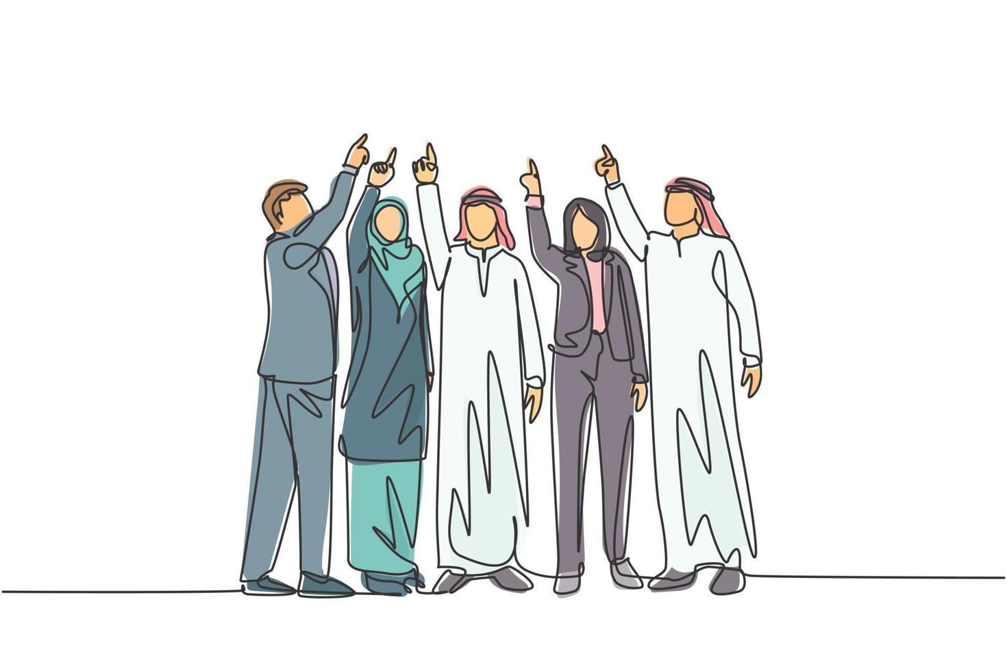 enkele doorlopende lijntekening van jonge mannelijke en vrouwelijke moslimmanagers die met de vinger naar de hemel wijzen. Arabische doek uit het Midden-Oosten Shmagh, kandura, hijab, gewaad. één lijn tekenen ontwerp vectorillustratie vector