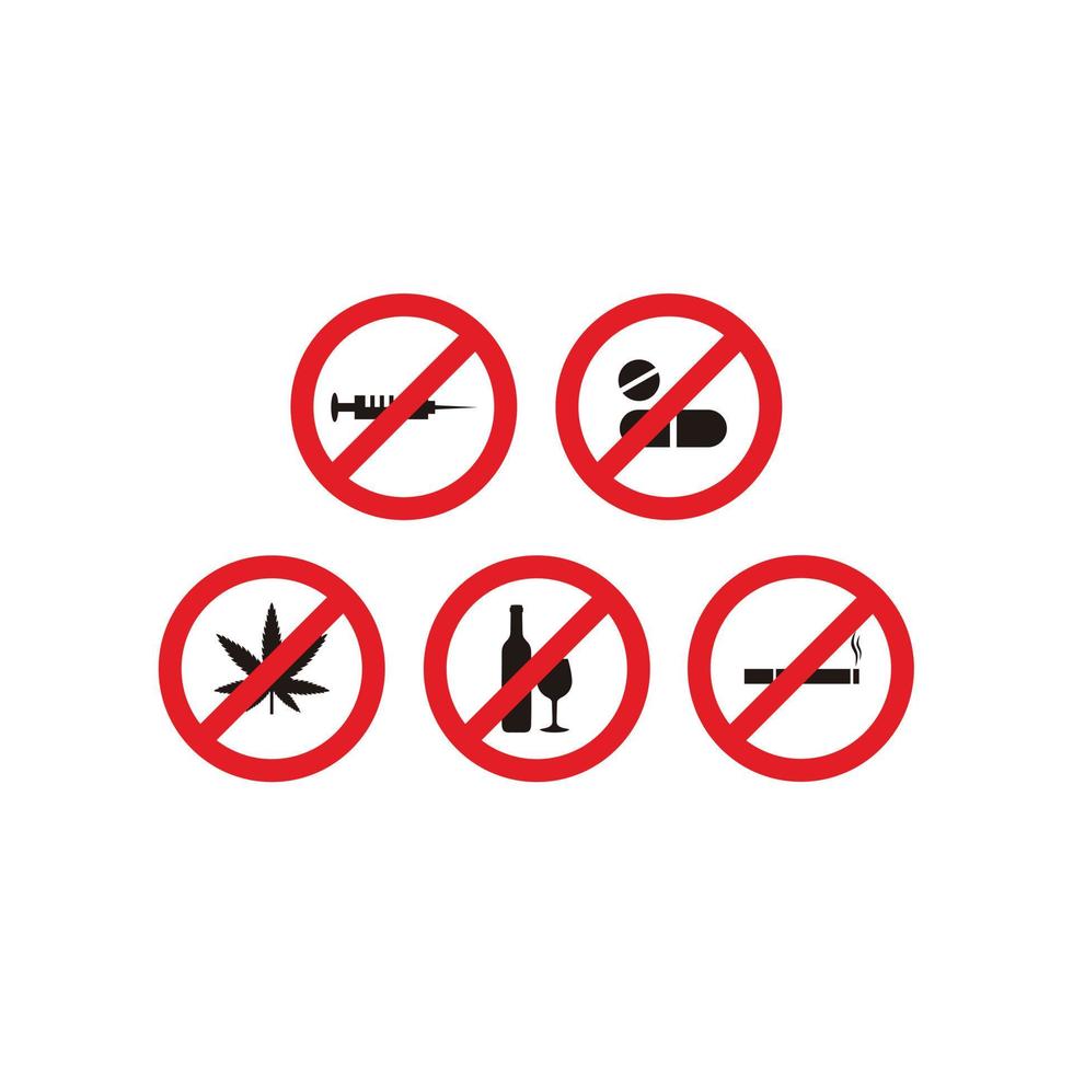 Nee roken, Nee verdovende middelen en pil, Nee hennep en Nee alcohol verbiedend vector tekens icoon
