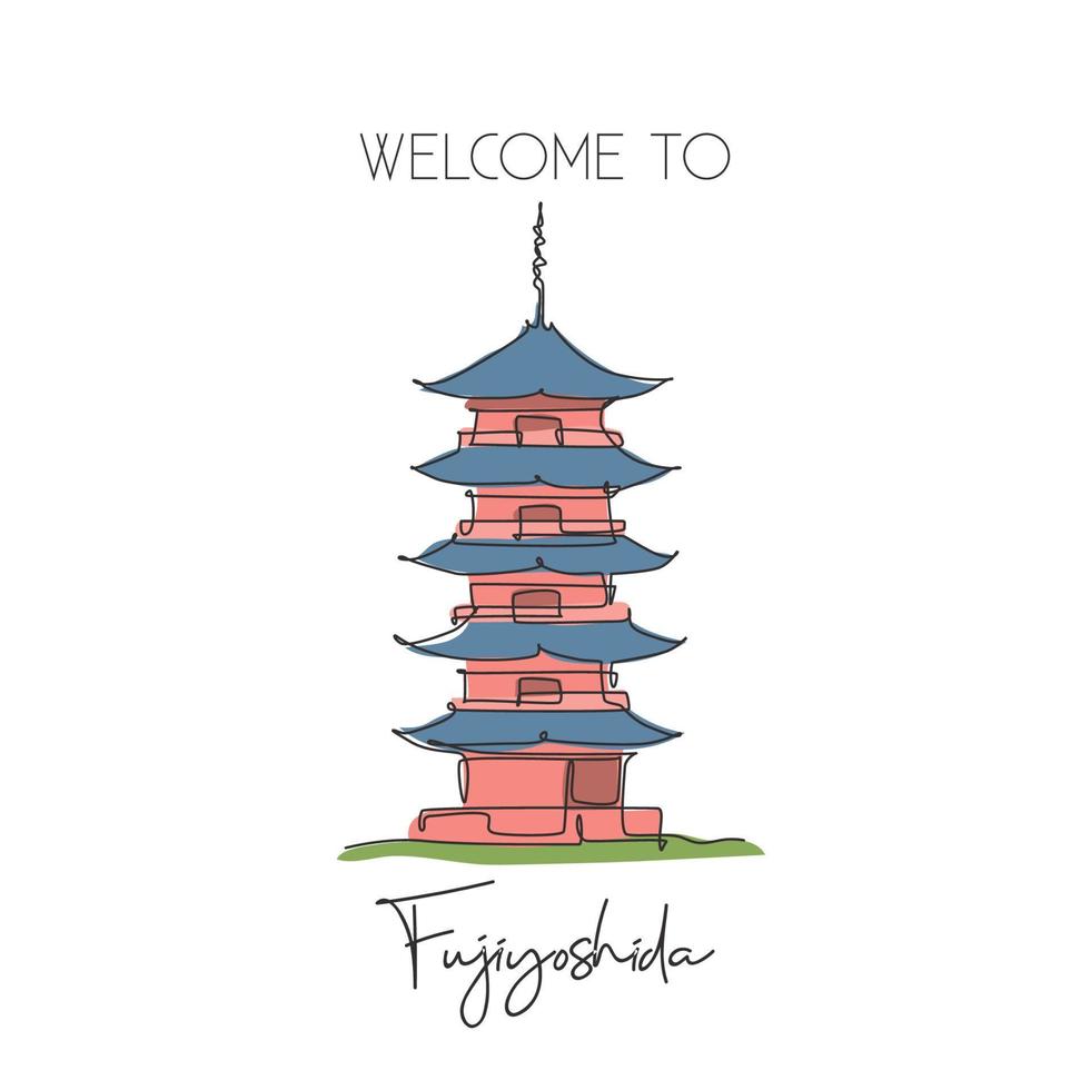 een enkele lijntekening Fuji San Pagoda landmark. wereldberoemde plaats in fujiyoshida, japan. toerisme reizen briefkaart home muur decor kunst concept. moderne doorlopende lijn tekenen ontwerp vectorillustratie vector