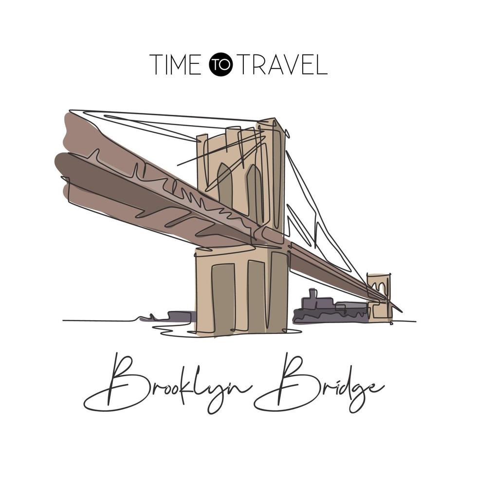 een enkele lijntekening brooklyn bridge landmark. wereldberoemde plaats in new york city, vs. toerisme reizen briefkaart muur decor home art poster. moderne doorlopende lijn tekenen ontwerp vectorillustratie vector