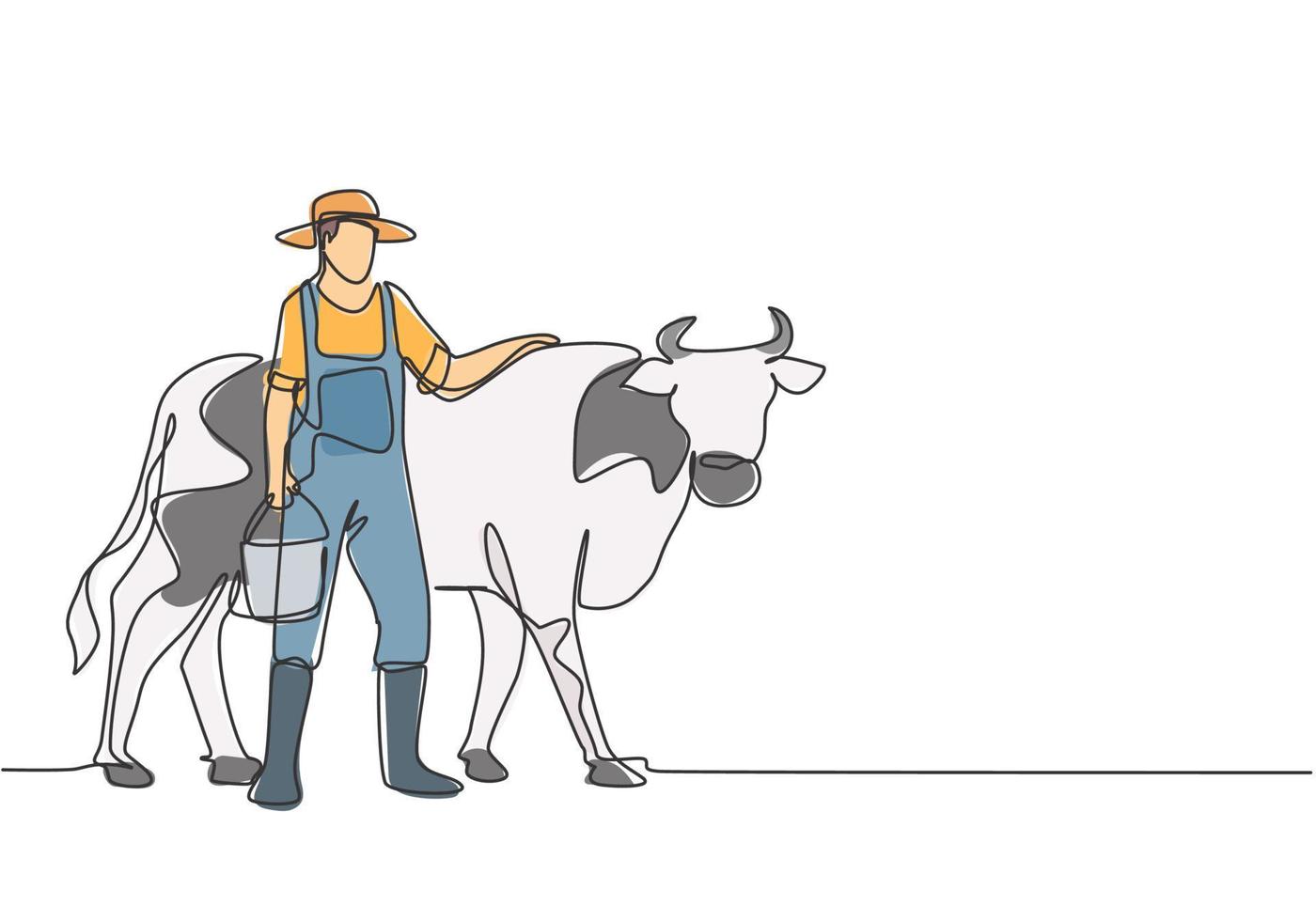 continue een lijntekening jonge mannelijke boer die de koe wrijft terwijl hij een emmer water draagt. succesvolle landbouwactiviteiten minimalistisch concept. enkele lijn tekenen ontwerp vector grafische afbeelding.