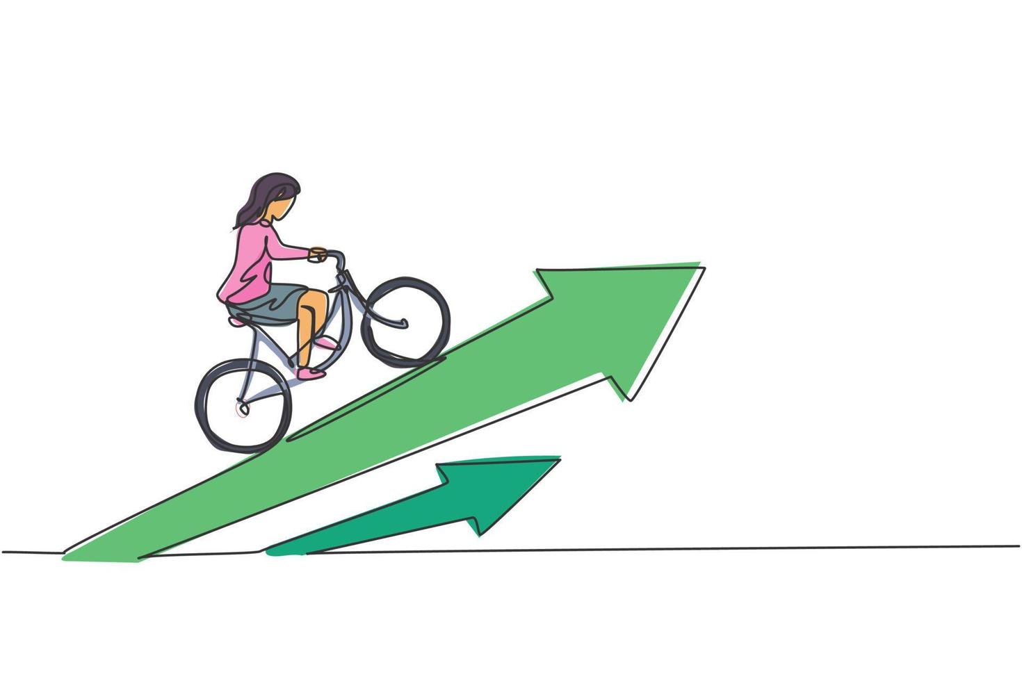 enkele ononderbroken lijntekening van jonge schoonheid zakenvrouw rit fiets tot toenemende pijl. professionele harde werker. minimalisme concept dynamische één lijn tekenen grafisch ontwerp vectorillustratie vector