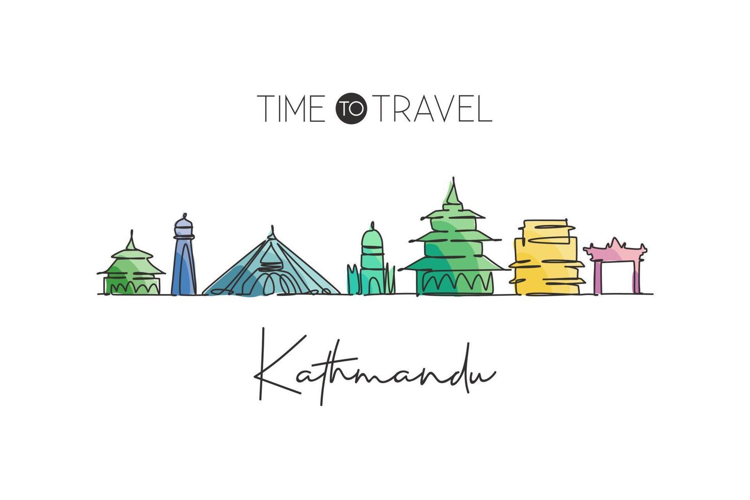 enkele doorlopende lijntekening skyline van kathmandu, nepal. beroemde stad schraper landschap thuis muur decor poster print. wereld reisbestemming concept. moderne één lijn tekenen ontwerp vectorillustratie vector