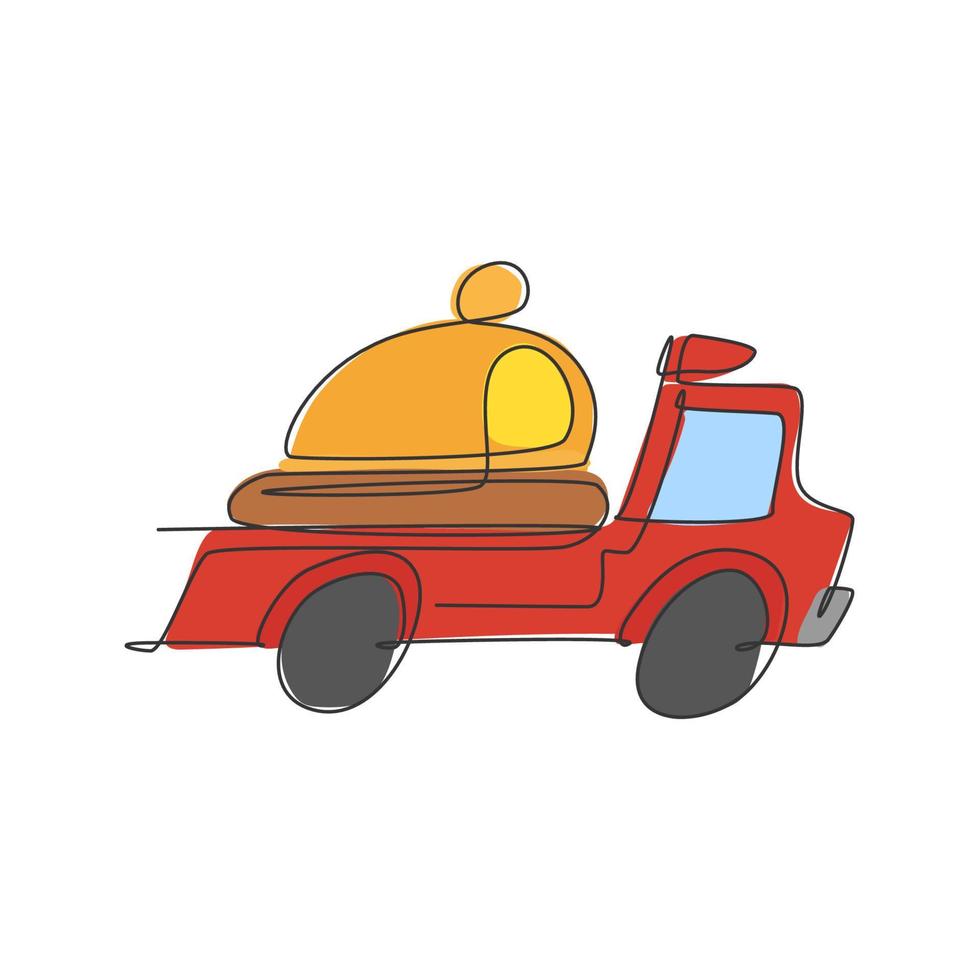 een doorlopende lijntekening vrachtwagen doos auto dragende lade deksel cloche voor voedselbezorgservice logo embleem. café winkel eten levering concept. moderne enkele lijn tekenen ontwerp vector grafische afbeelding