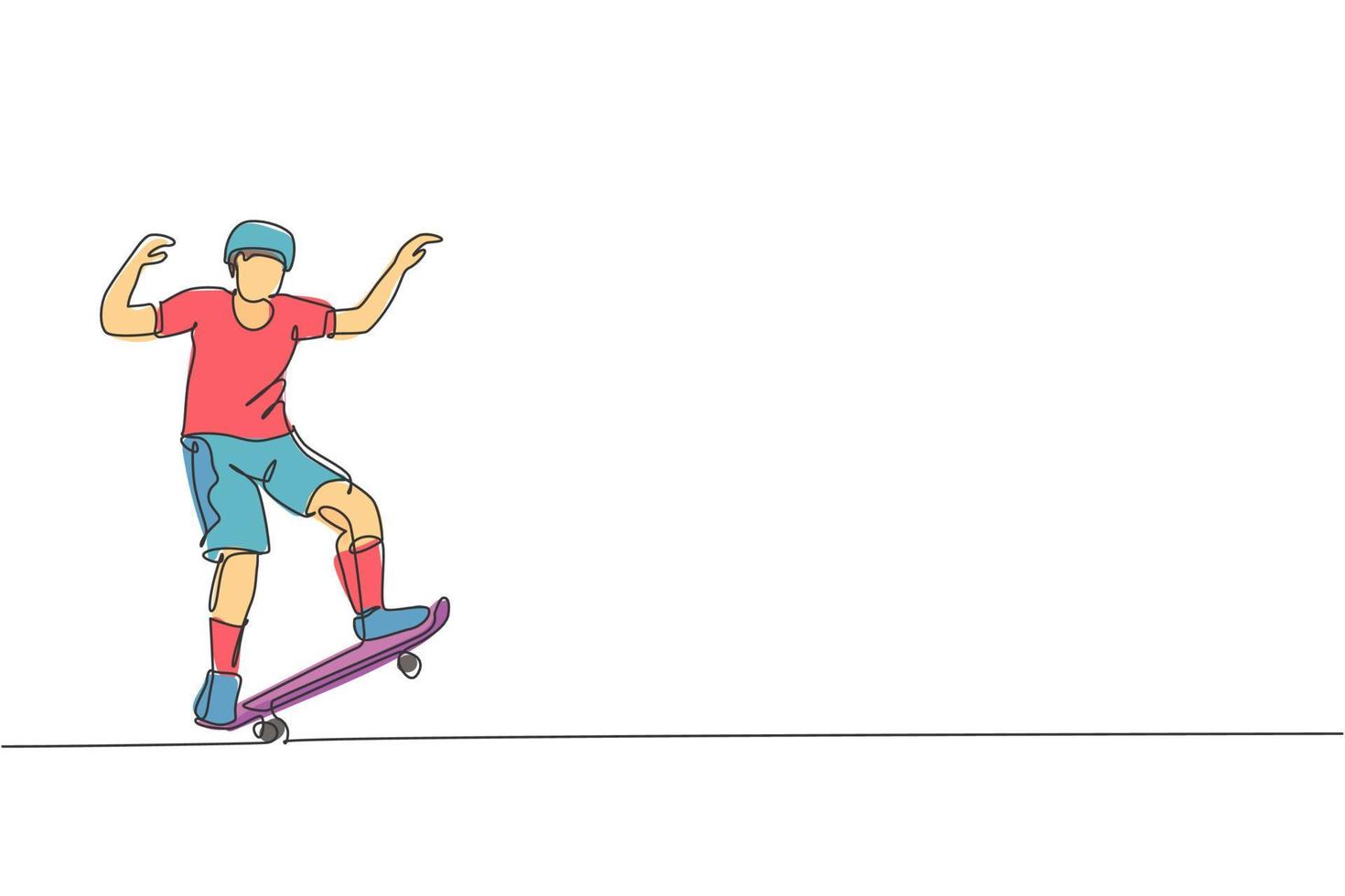 een enkele lijntekening van jonge skateboarder man oefening rijden skateboard in stad straat vectorillustratie. tiener levensstijl en extreme buitensport concept. modern ononderbroken lijntekeningontwerp vector