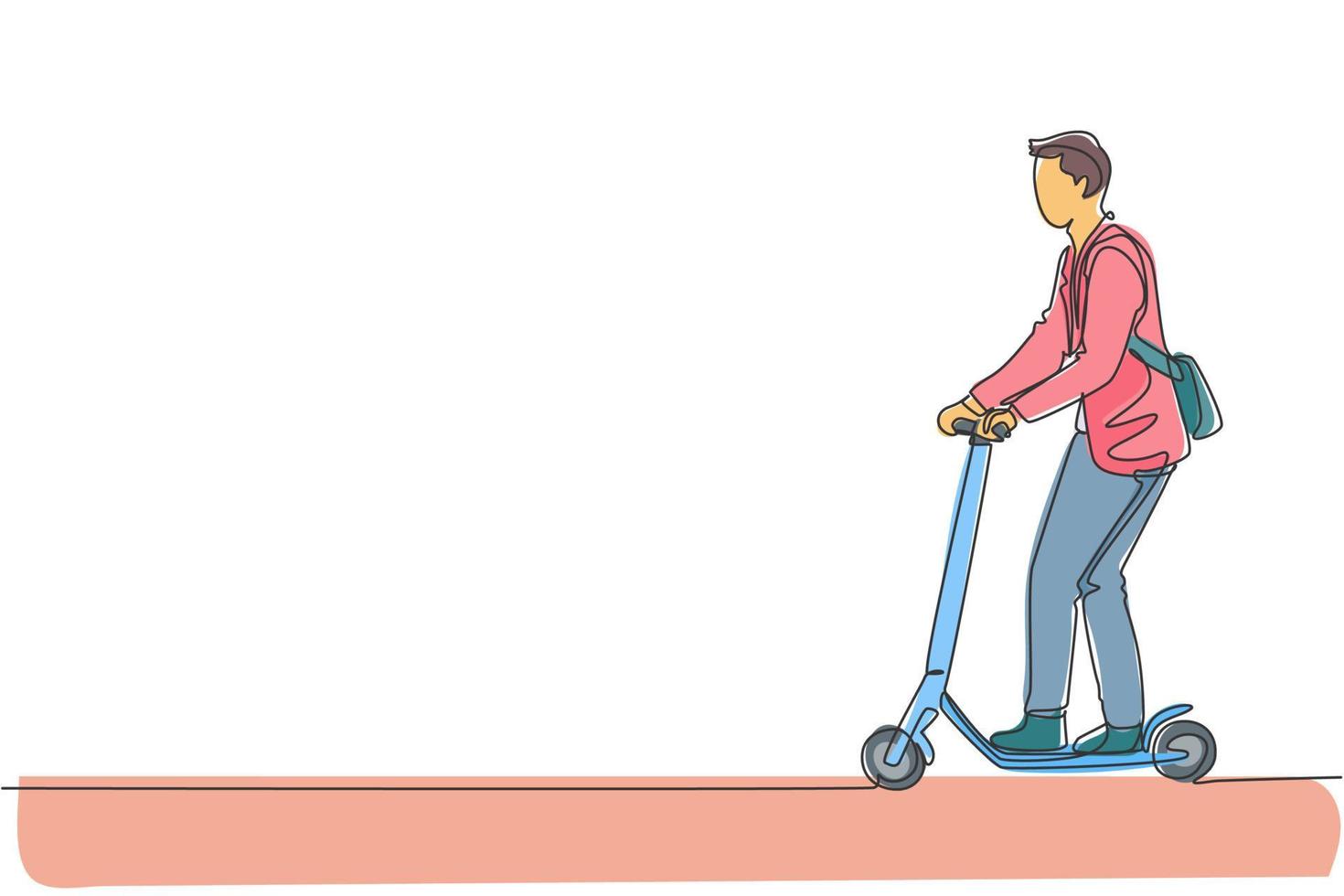 een enkele lijntekening van jonge energieke man rijden elektrische scooter bij stadspark vector grafische afbeelding. toekomstig vervoer. gezonde levensstijl sport concept. modern ononderbroken lijntekeningontwerp