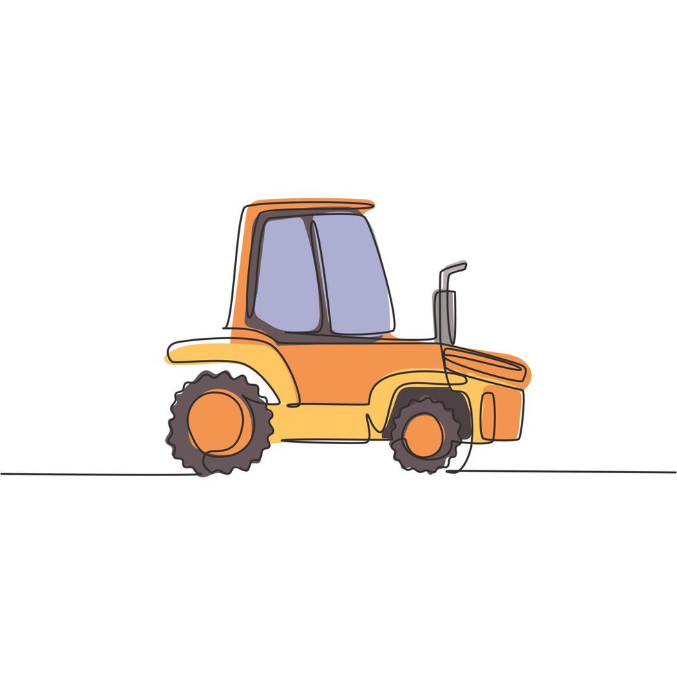 een enkele lijntekening van harvester truck voor oogst landbouw vectorillustratie. zakelijke zware tractor machines voertuigen bouwconcept. modern doorlopende lijn grafisch tekenontwerp vector