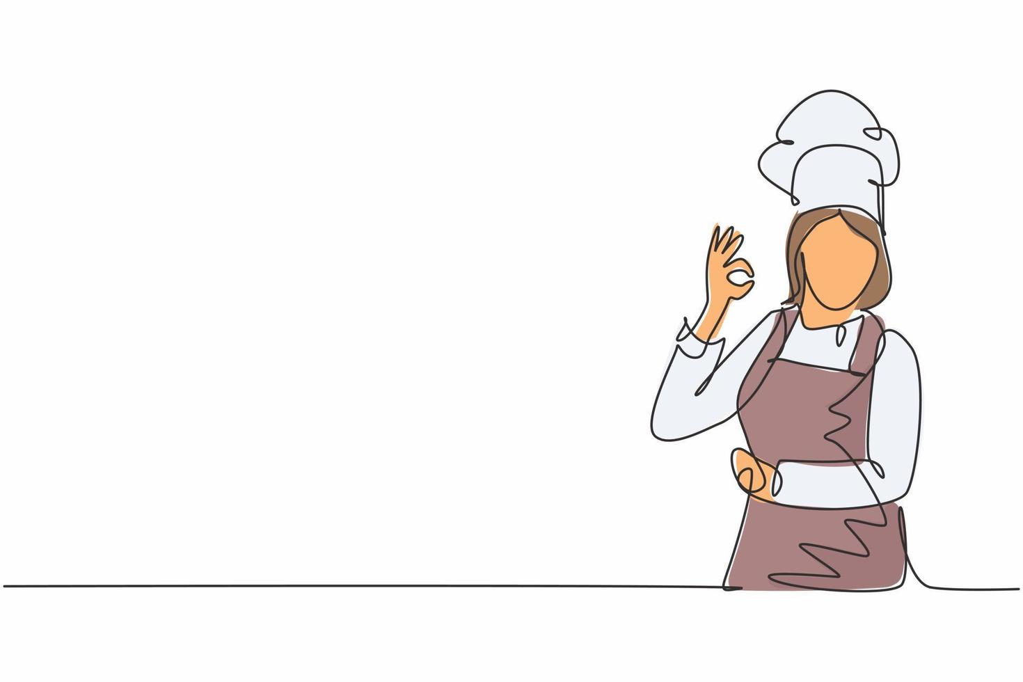 een doorlopende lijntekening van een jonge vrouwelijke chef-kok poseert nonchalant terwijl hij een uitstekend gebaar van de smaak van eten geeft. restaurant banner concept enkele lijn tekenen ontwerp vectorillustratie met witte achtergrond vector