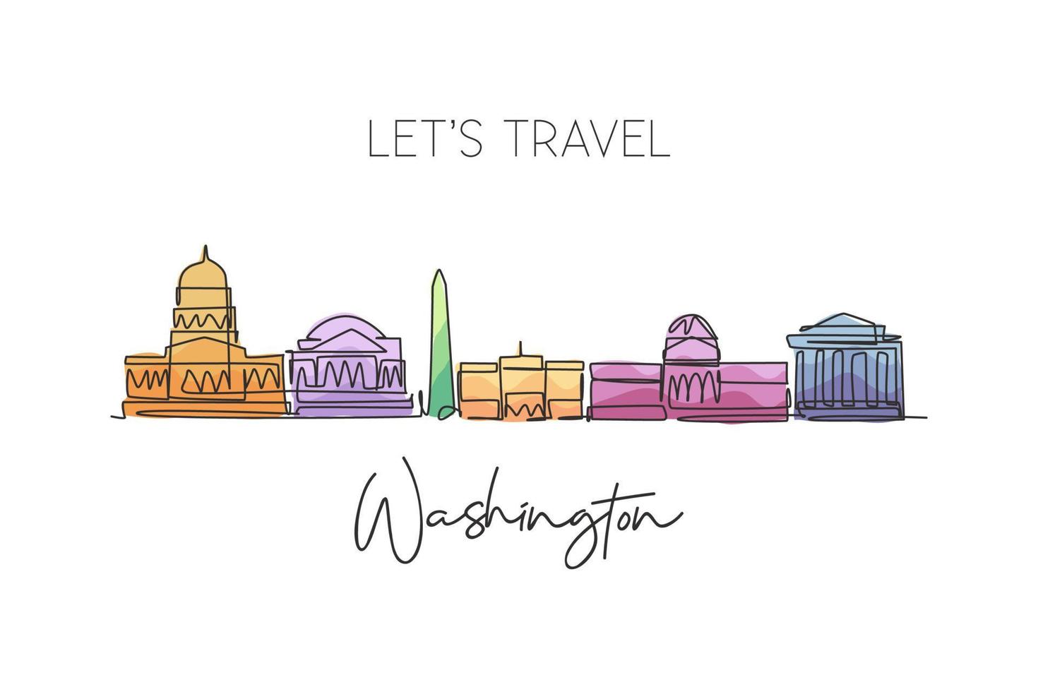 enkele doorlopende lijntekening van de skyline van de stad van Washington, Verenigde Staten. beroemde stad schraper landschap. wereld reizen concept home muur decor poster print kunst. moderne één lijn tekenen ontwerp vectorillustratie vector