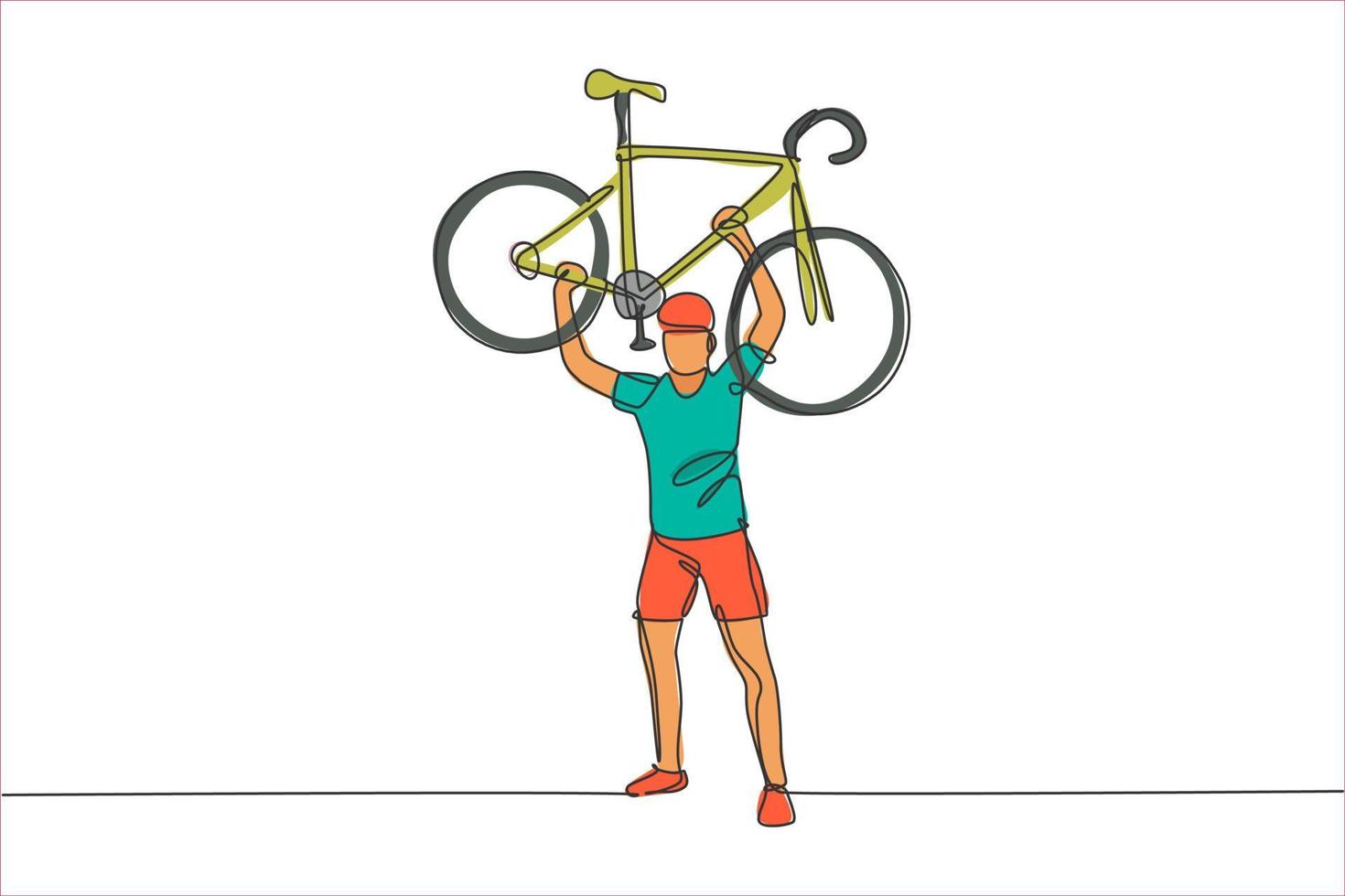 een doorlopende lijntekening sportieve jongeman wielrenner tilt zijn lichte fiets op. weg fietser concept. dynamische enkele lijn tekenen ontwerp grafische vectorillustratie voor wielerwedstrijd poster vector